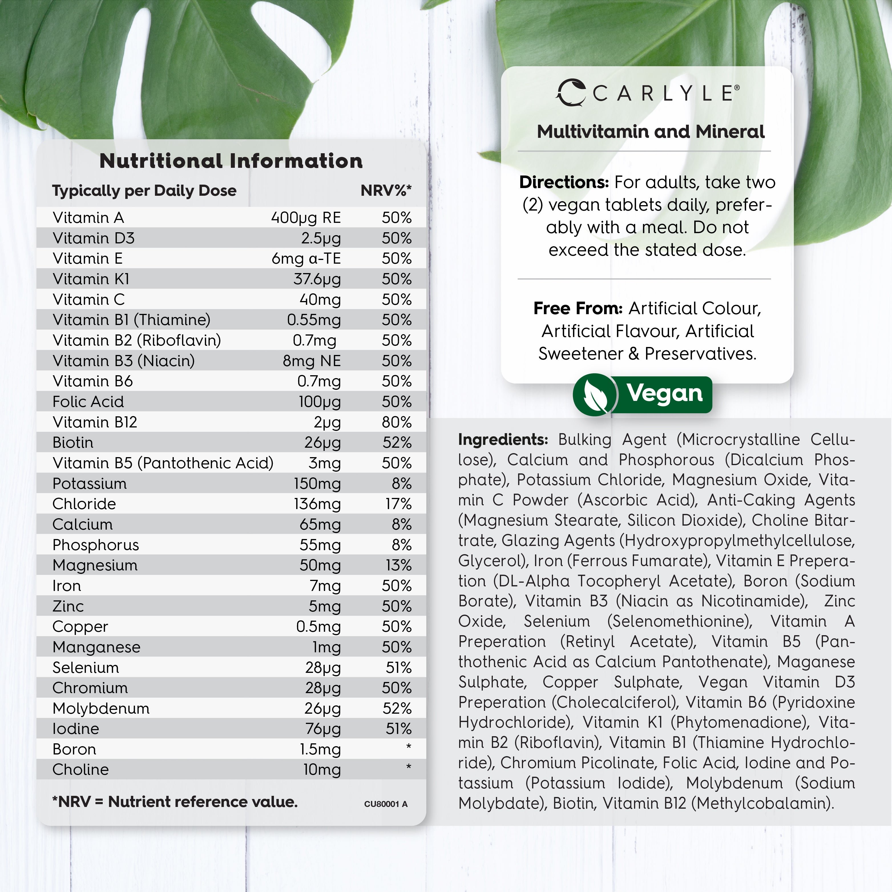 CU Multivitamin & Mineral 365 Vegan Tablets with nutritional information, directions, ingredients, and free from details.