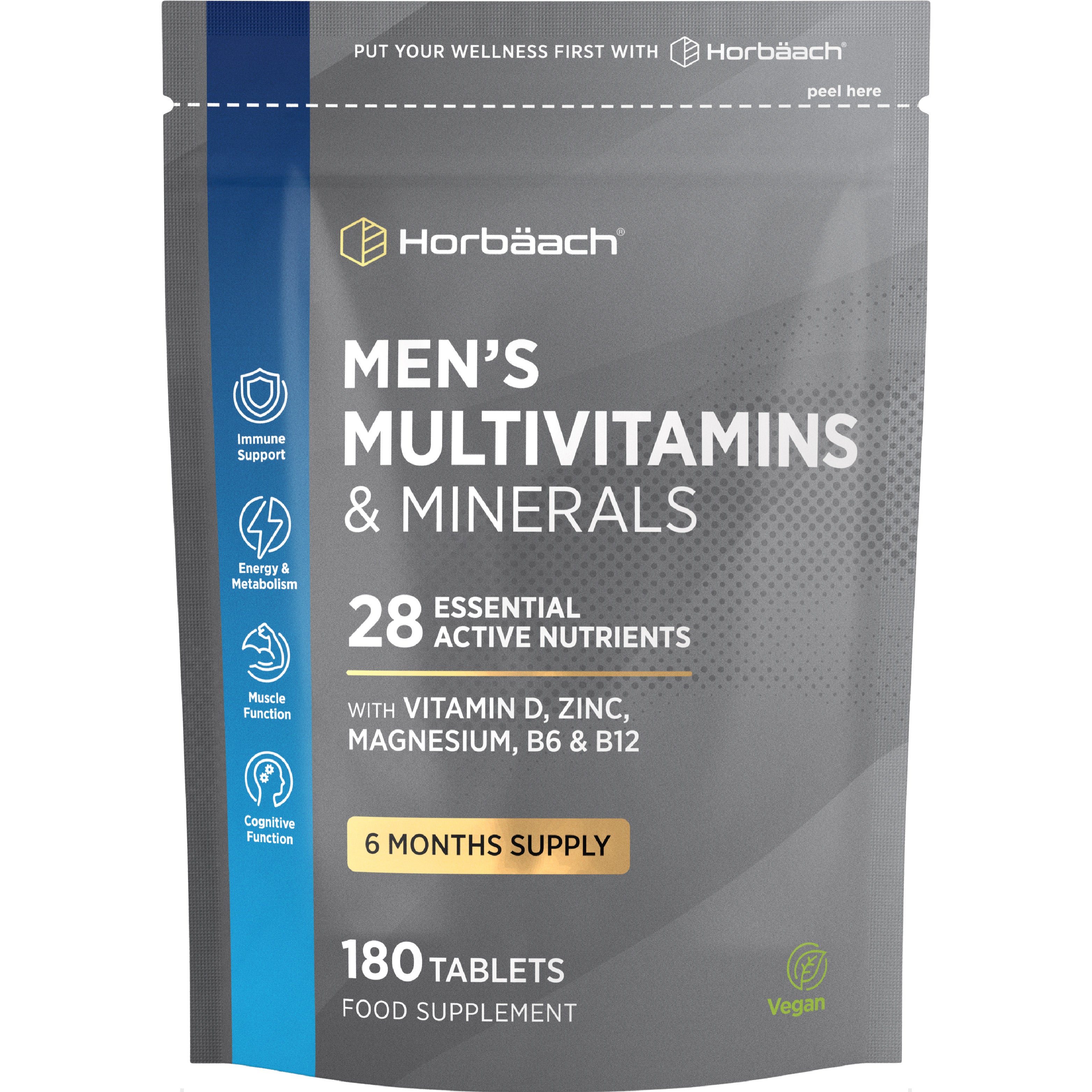 Horbaach Men's Multivitamins & Minerals, 180 Tablets. Includes 28 nutrients such as Vitamin D, Zinc, Magnesium, B6, and B12. Vegan.