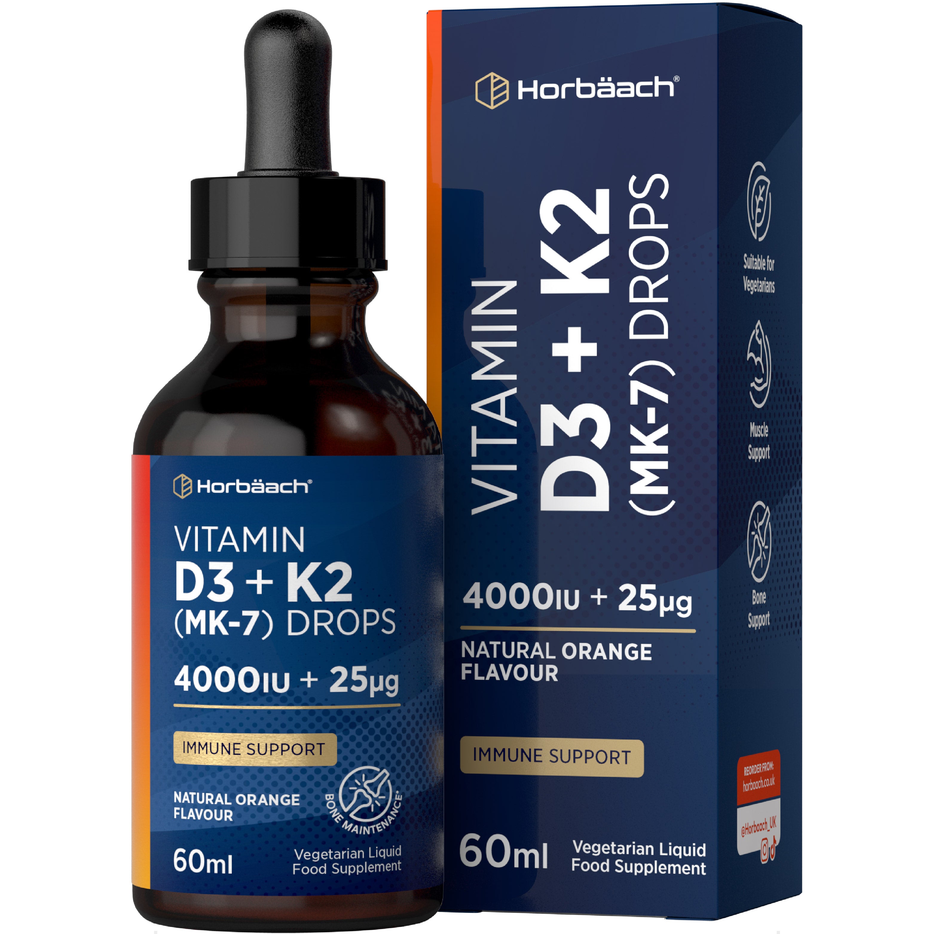 Vitamin D3 and K2 (MK-7) drops with natural orange flavor, 4000IU and 25µg, 60ml vegetarian liquid food supplement.
