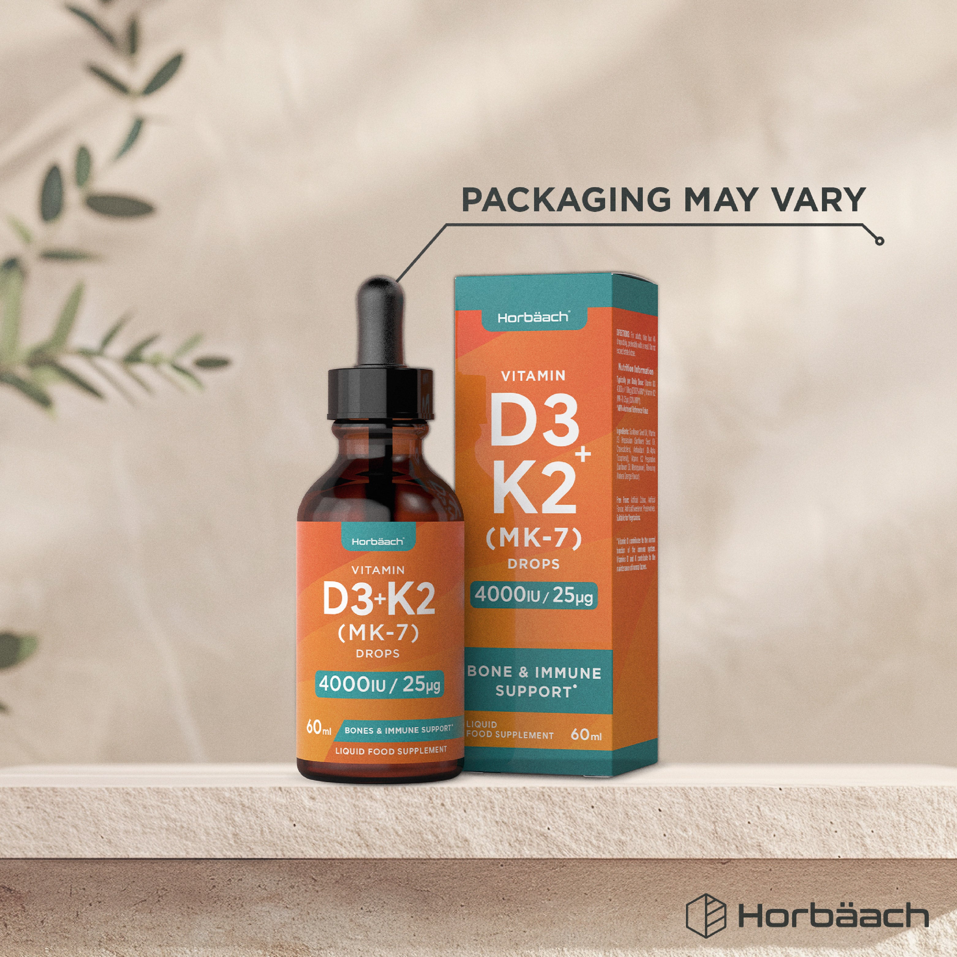 Horbäach Vitamin D3+K2 (MK-7) 4000IU/25µg Drops, 60ml Liquid Supplement for Bone and Immune Support.