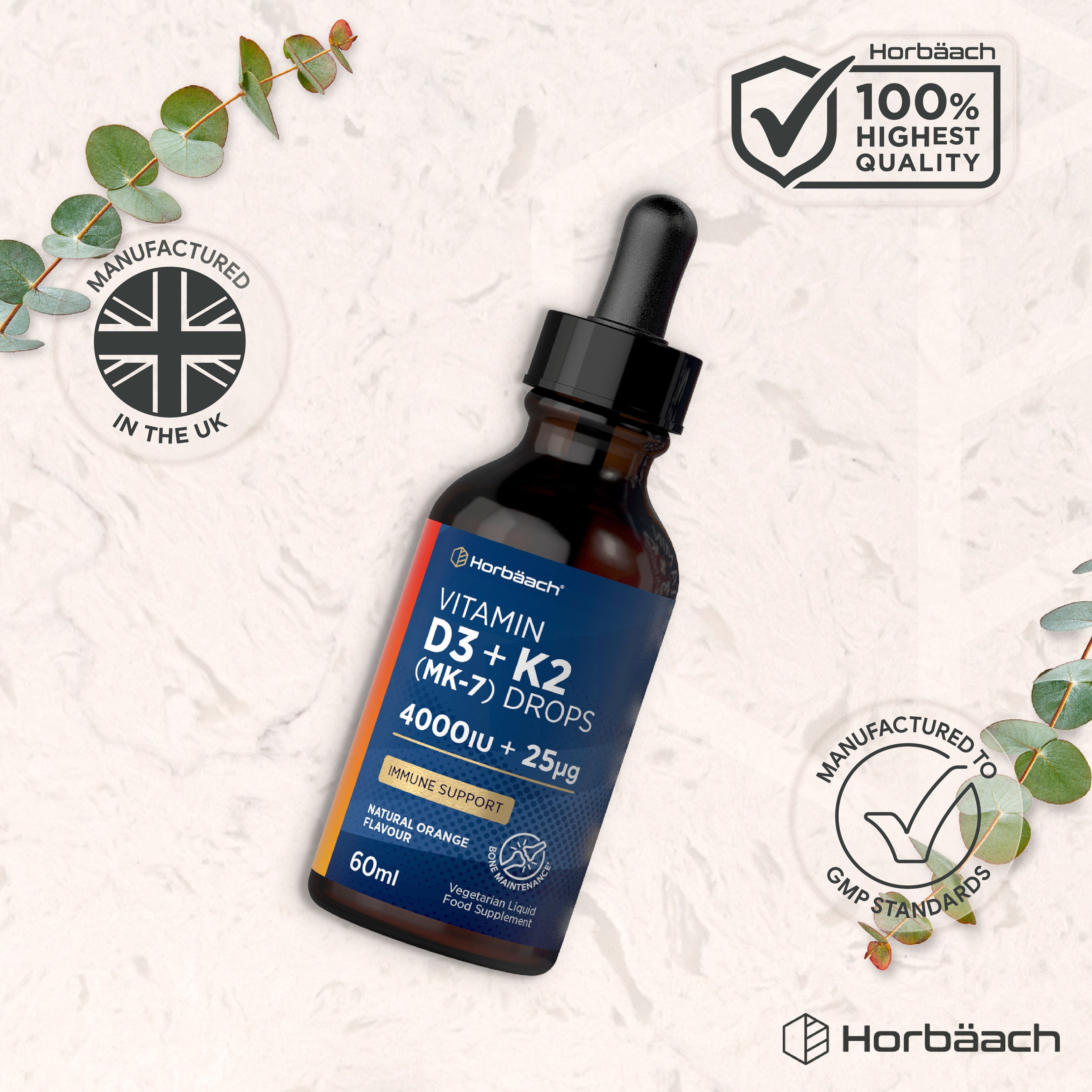 Infographic of Horbäach 100% highest quality, made in the UK and manufactured following GMP standards.