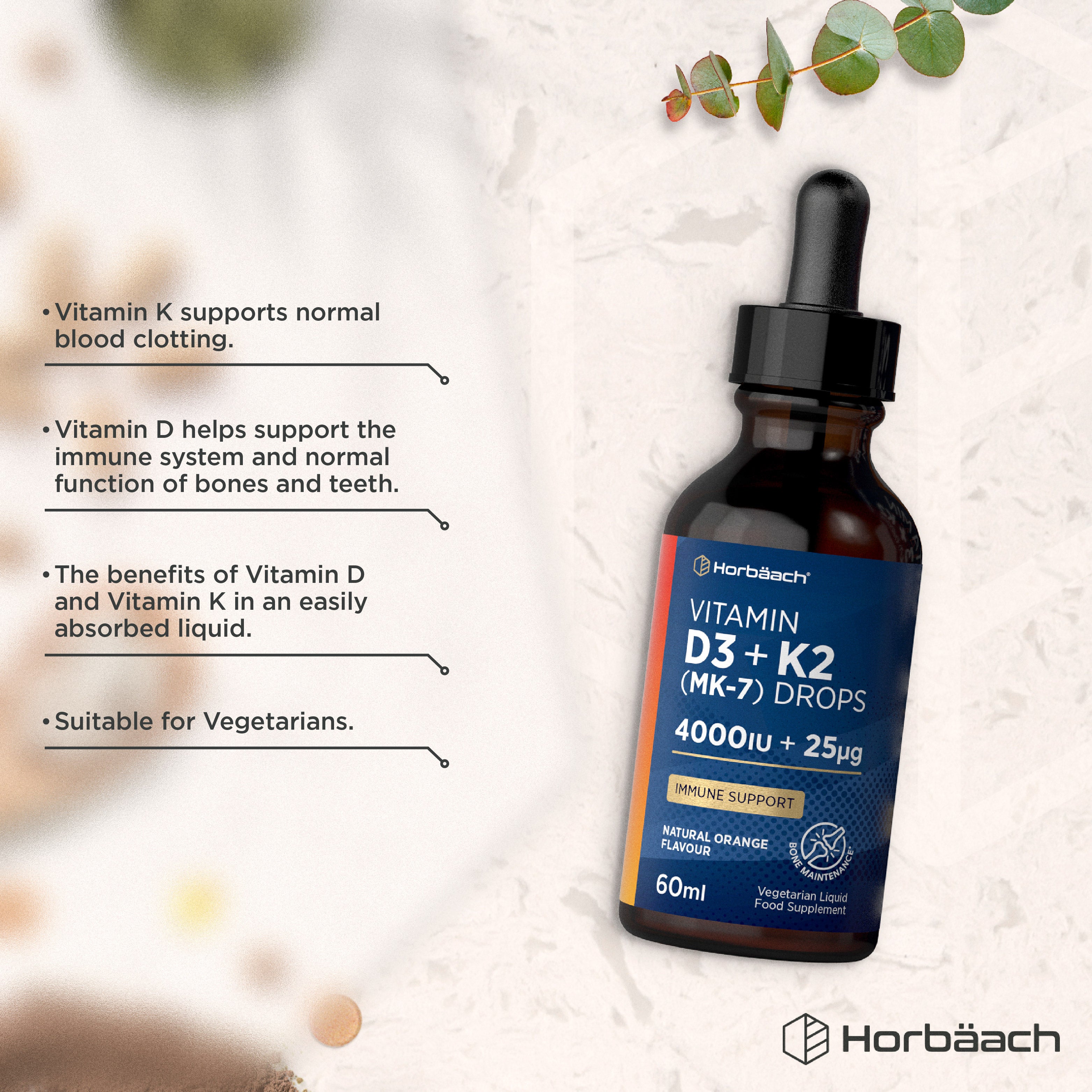 Product highlights graphic stating Vitamin K supports blood clotting., Vitamin D supports immune, bone, teeth., D & K benefits in absorbed liquid., Vegetarian.