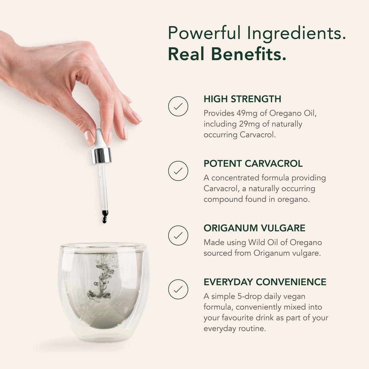 Product highlights graphic stating 49mg Oregano Oil (29mg Carvacrol), concentrated Carvacrol, Wild Origanum vulgare oil, 5-drop vegan formula.