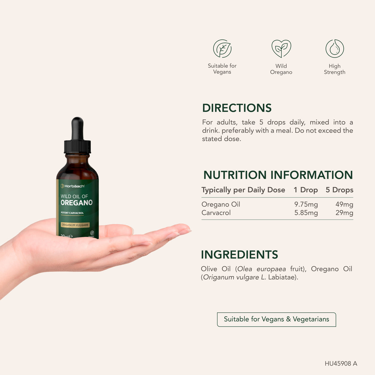 Oregano Oil bottle with icons indicating it is suitable for vegans, wild oregano, high strength, and for vegans & vegetarians.