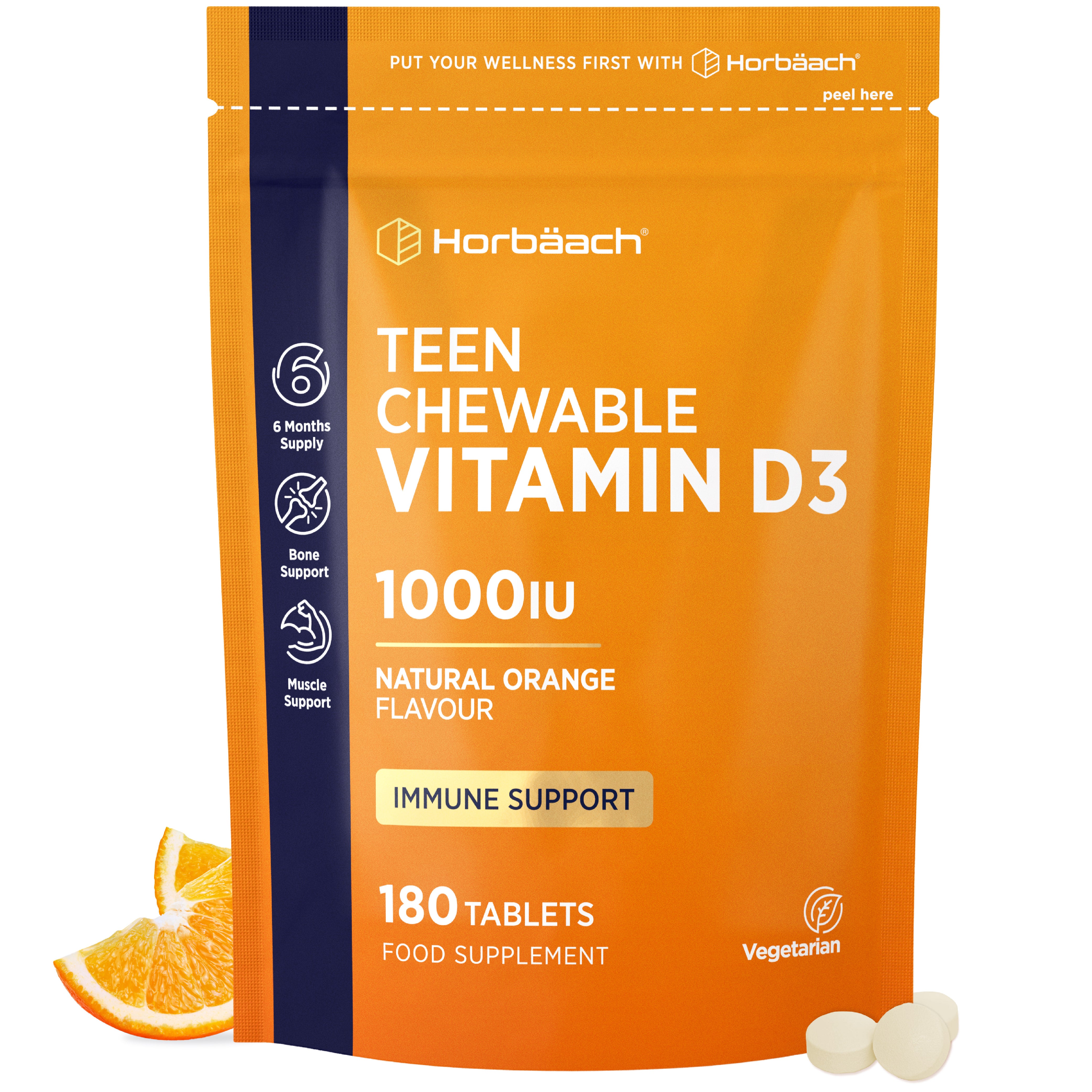 Teen Chewable Vitamin D3, 1000 IU, Natural Orange Flavour, 180 Tablets. Package with white tablets and orange slices.