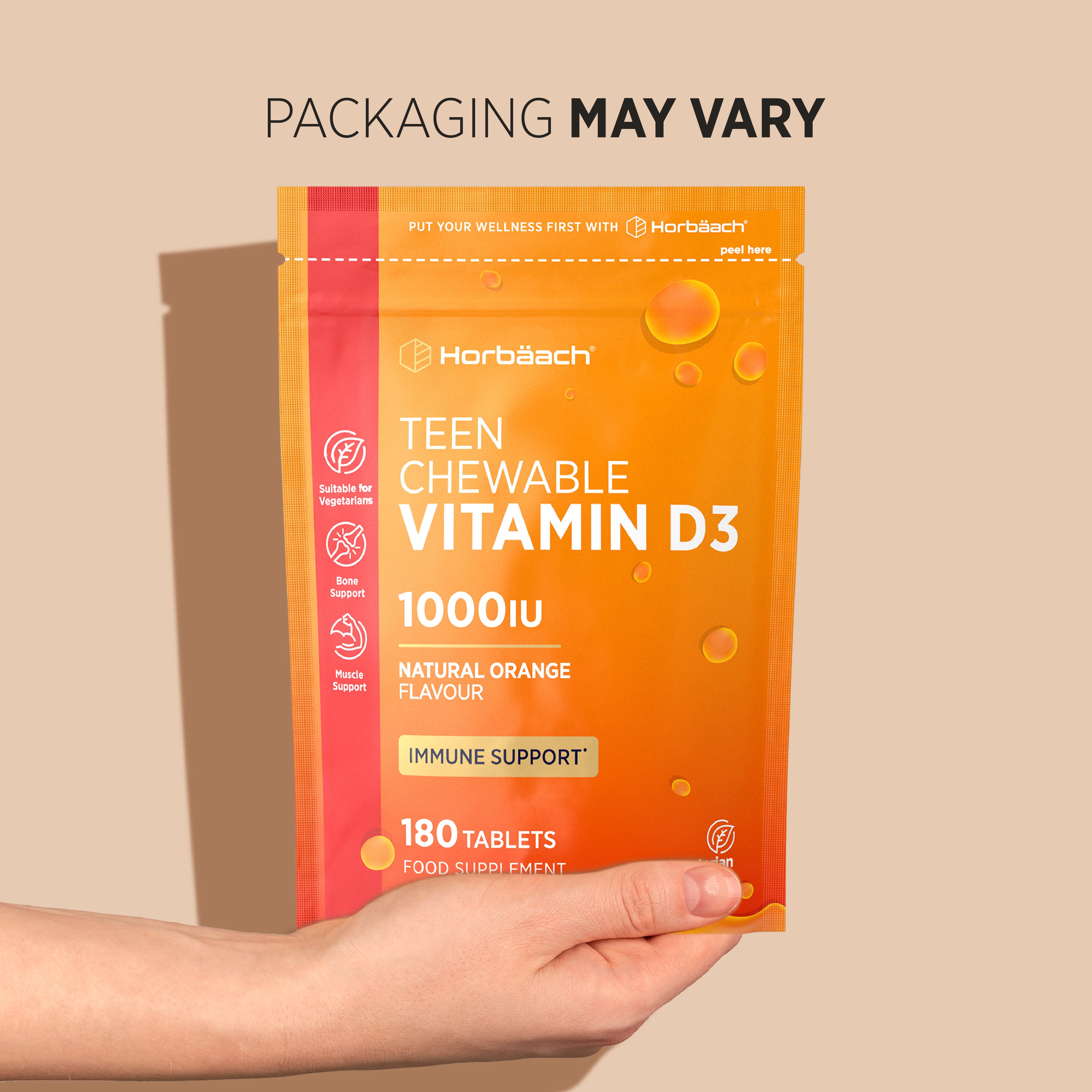 Horbäach Teen Chewable Vitamin D3, 1000IU, Natural Orange Flavor, 180 Tablets, food supplement, suitable for vegetarians.