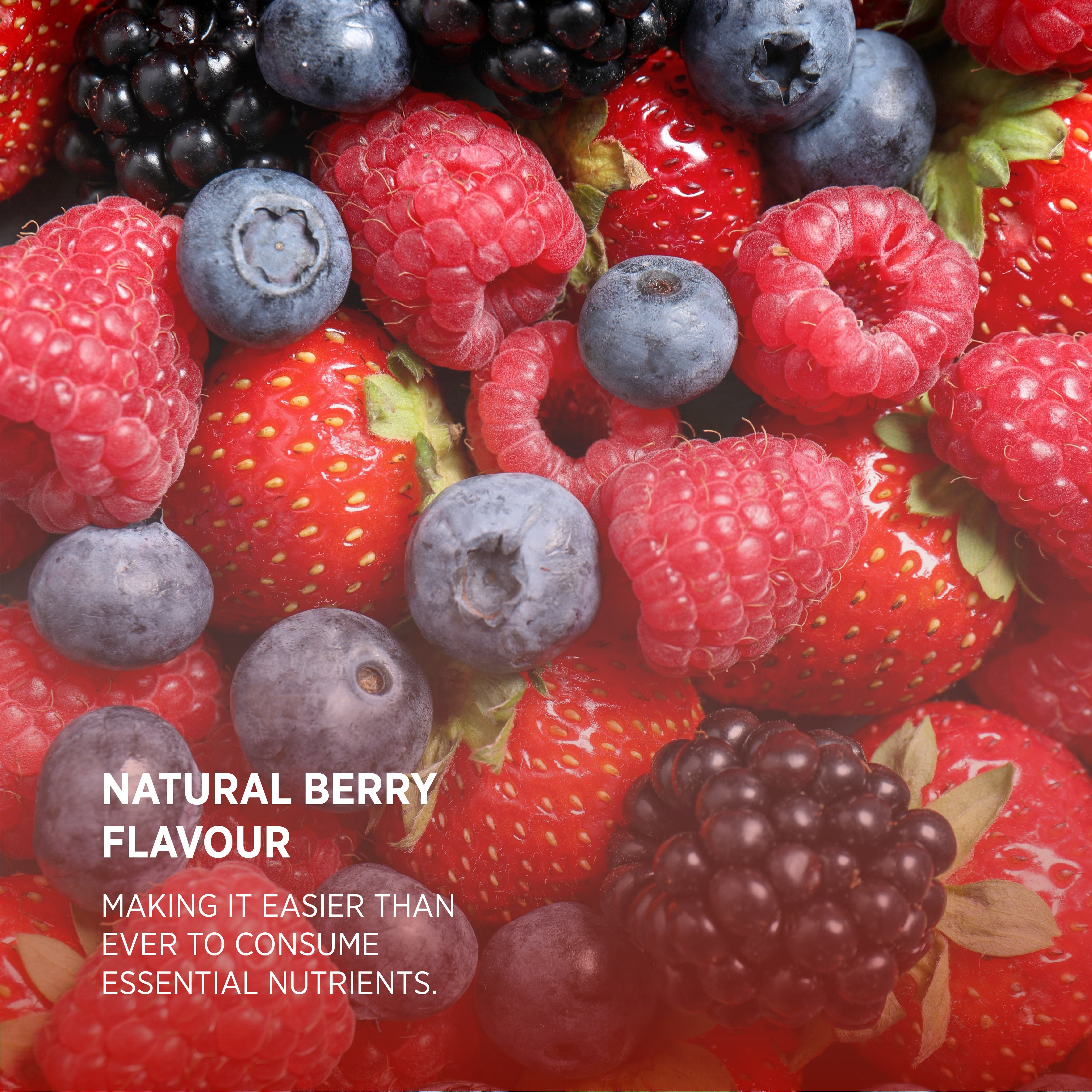 Omega 369 Multivitamin: Mixed berries with text 'NATURAL BERRY FLAVOUR, MAKING IT EASIER THAN EVER TO CONSUME ESSENTIAL NUTRIENTS.'