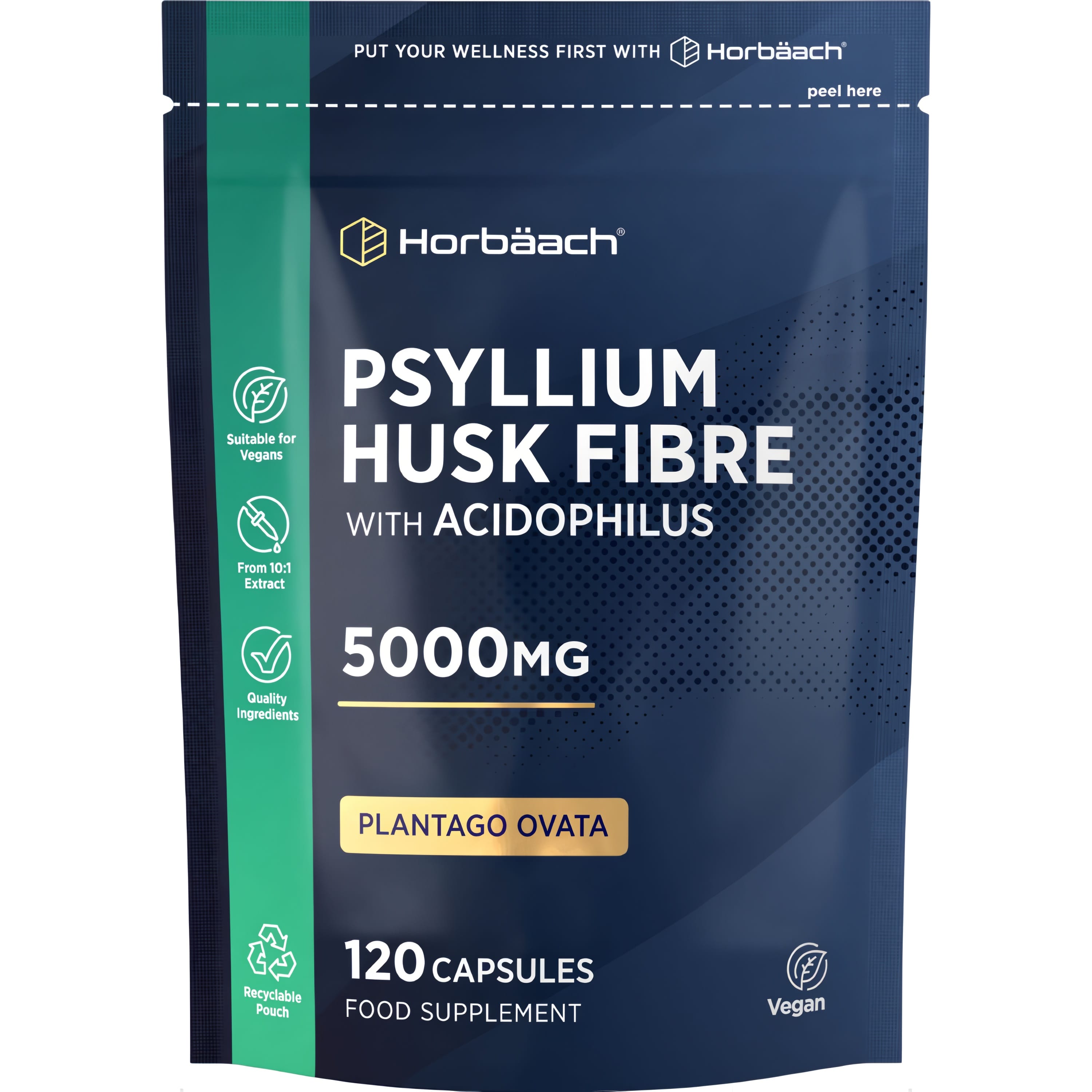Psyllium Husk Fibre with Acidophilus 5000mg, 120 Capsules in a pouch. Vegan food supplement.