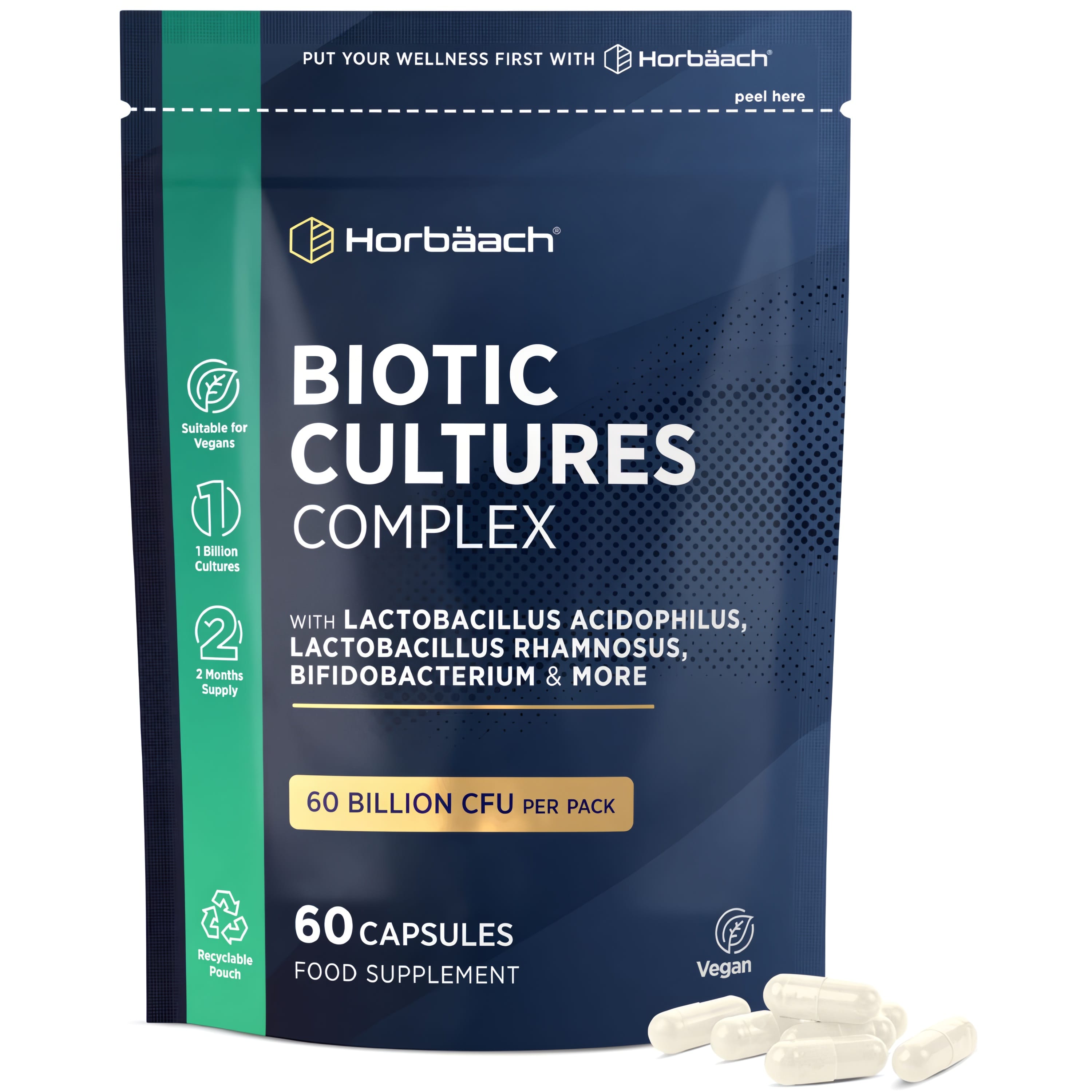 Biotic Cultures Complex Food Supplement: 60 Billion CFU, 60 Vegan Capsules, 2 Months Supply, in a Recyclable Pouch.