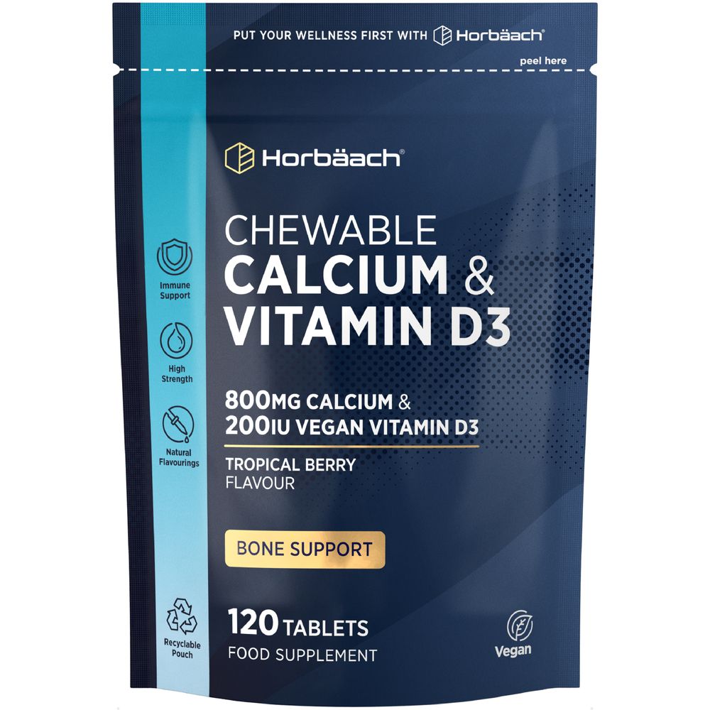 Chewable Calcium & Vitamin D3 with 120 tablets, contains 800mg of calcium and 200IU of vegan vitamin D3.