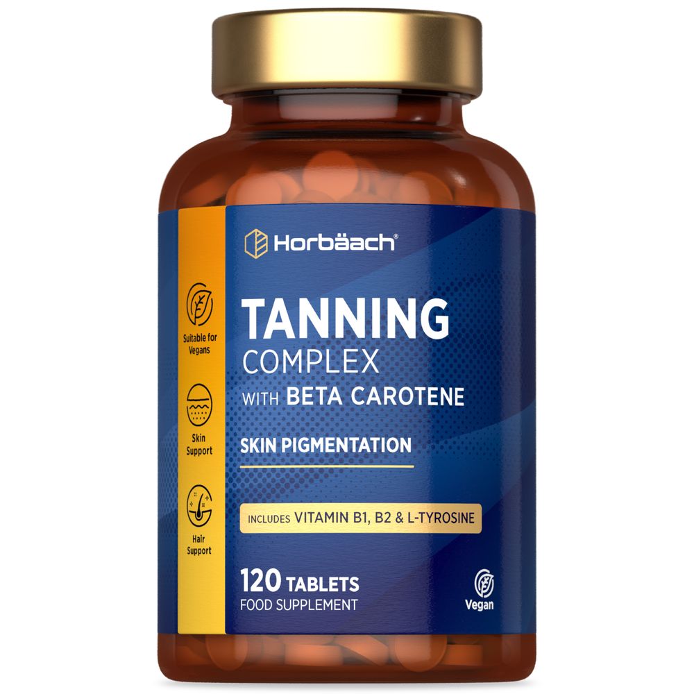 A hand holding Horbäach Tanning Complex with Beta Carotene, 120 tablets.