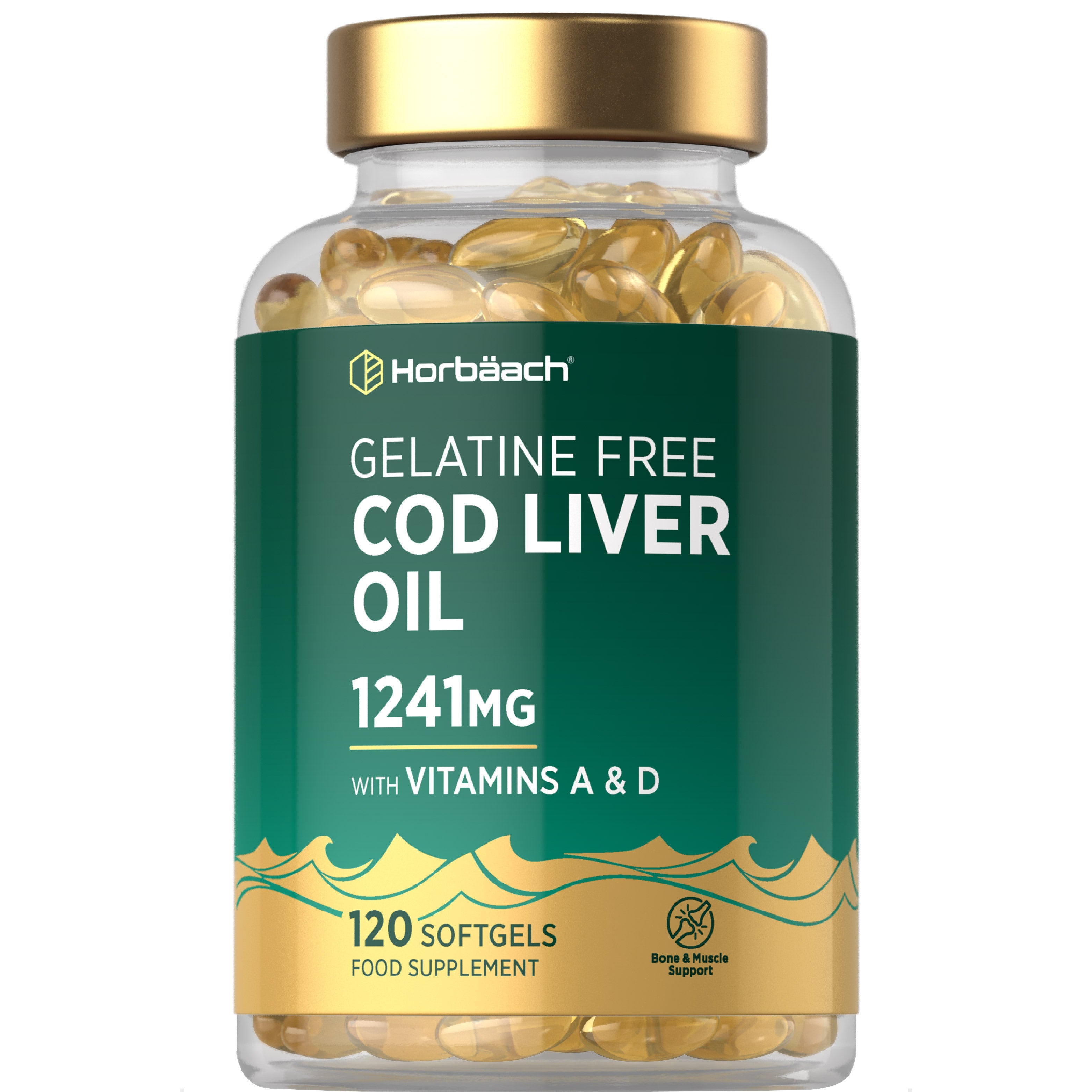 Horbäach Gelatine Free Cod Liver Oil 1241mg with Vitamins A and D in 120 softgels as a food supplement.