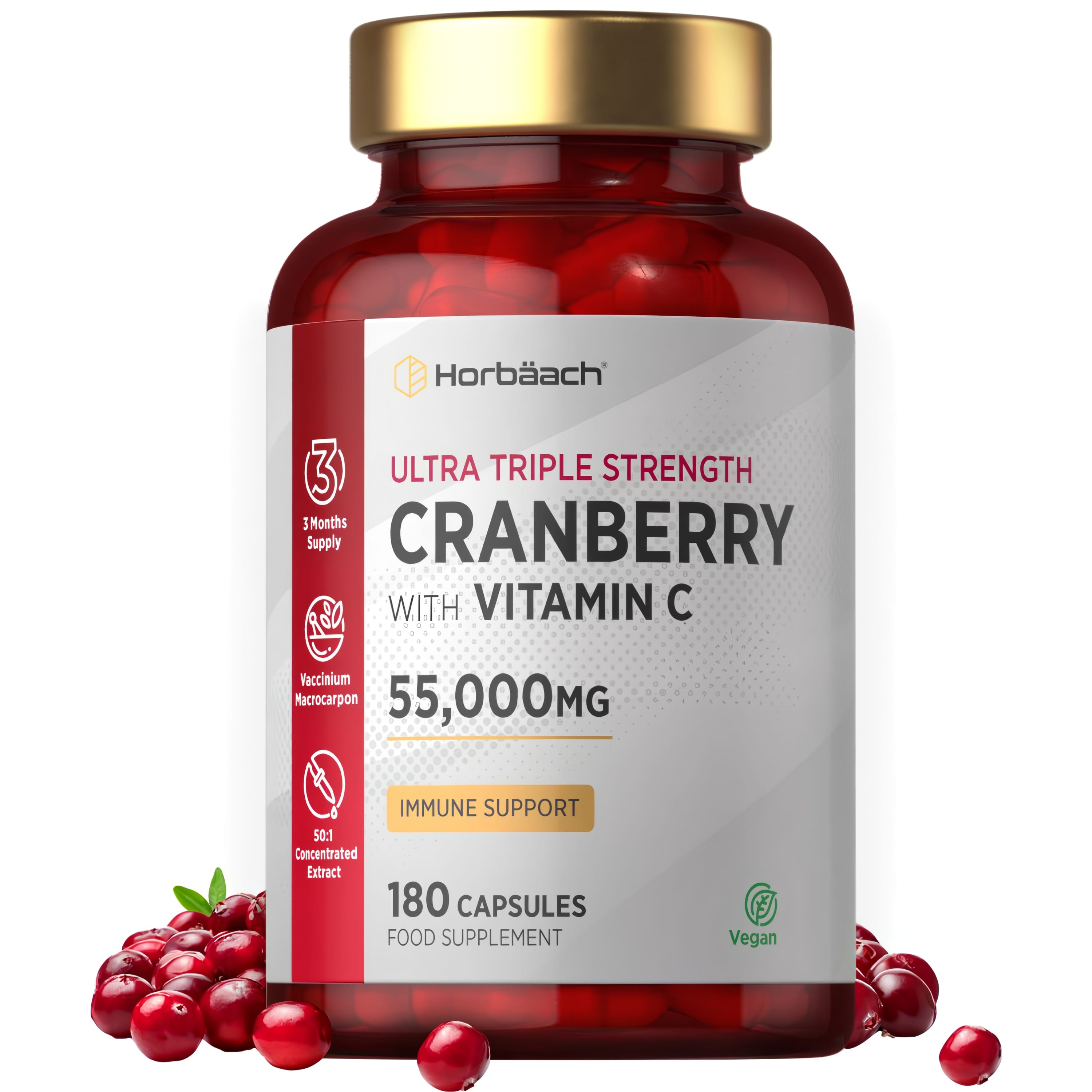 Cranberry with Vitamin C Ultra Triple Strength 55,000MG supplement, vegan, 180 capsules, 3 months supply.