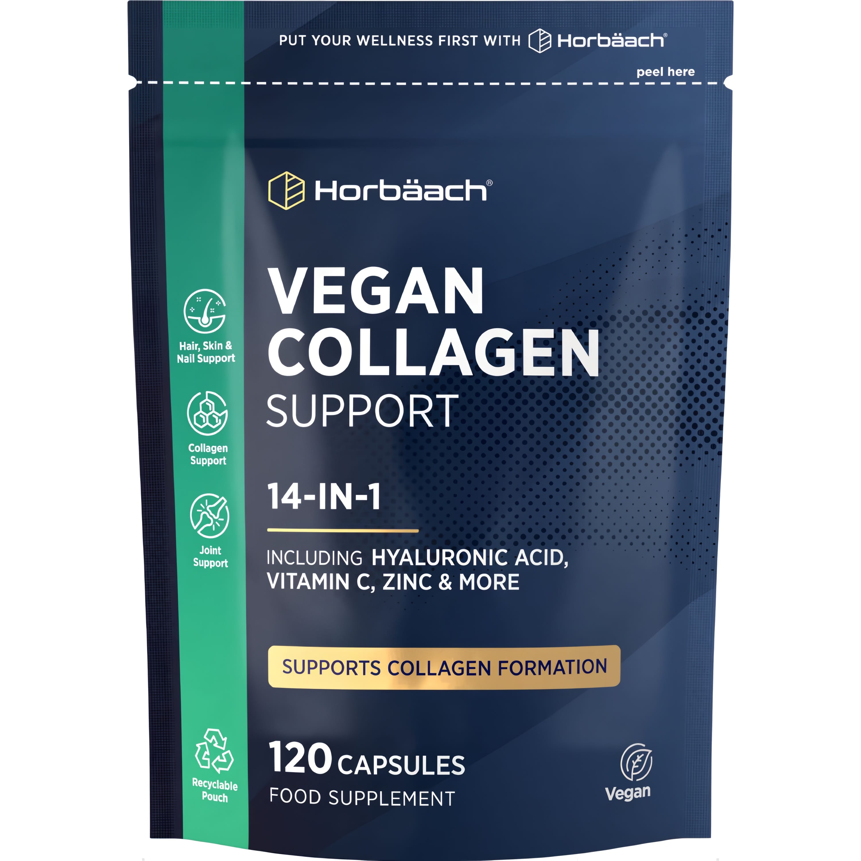 Horbäach Vegan Collagen Support 14-IN-1 Food Supplement, 120 capsules, packaged in a recyclable pouch.