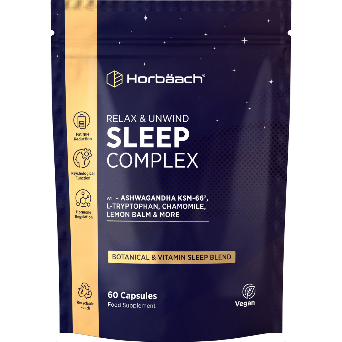 HU Sleep Complex 5000mg, 60 Vegan Capsules pouch featuring Relax & Unwind, Botanical & Vitamin Sleep Blend.