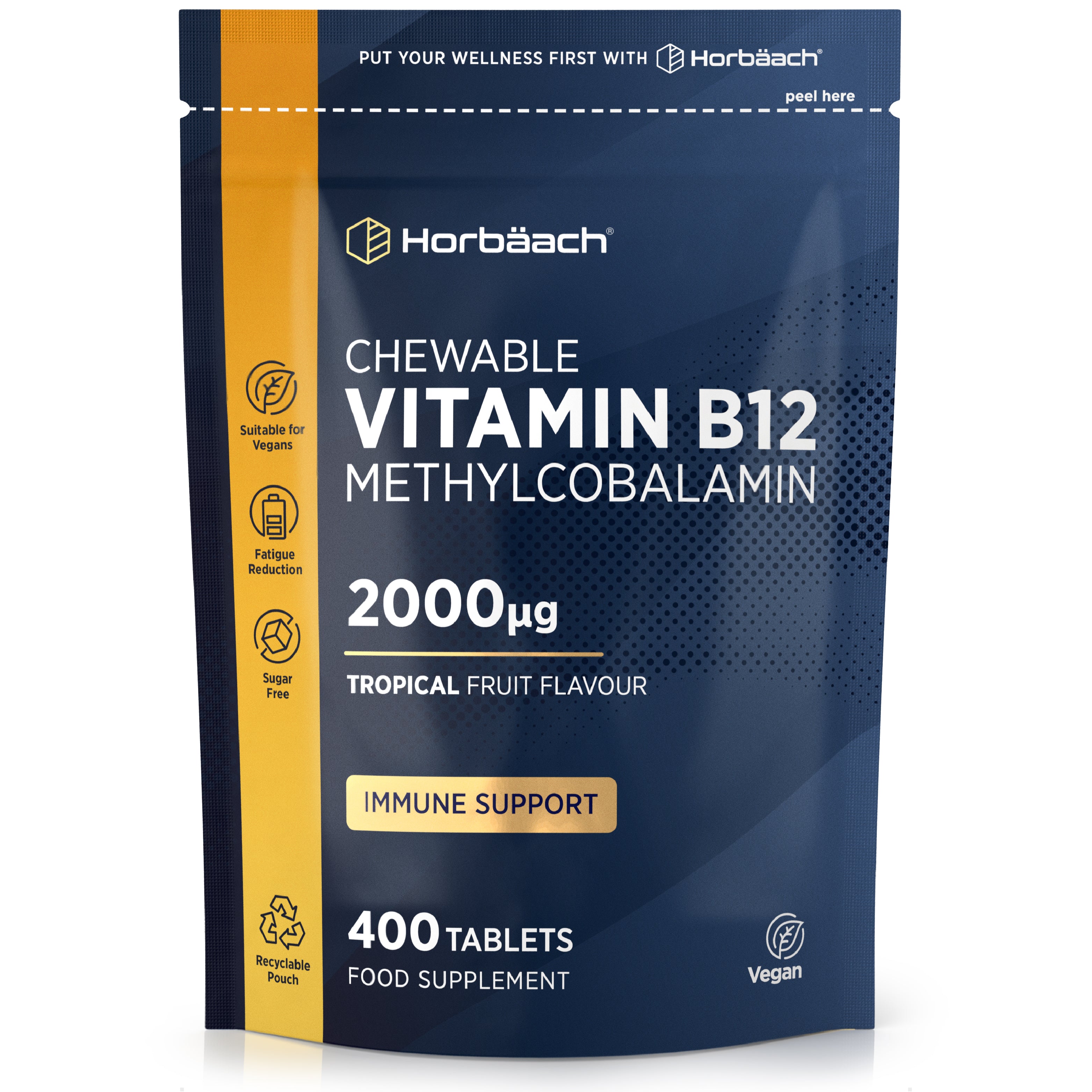 Horbäach Chewable Vitamin B12 Methylcobalamin 2000µg, Tropical Fruit Flavour, 400 Tablets Food Supplement.