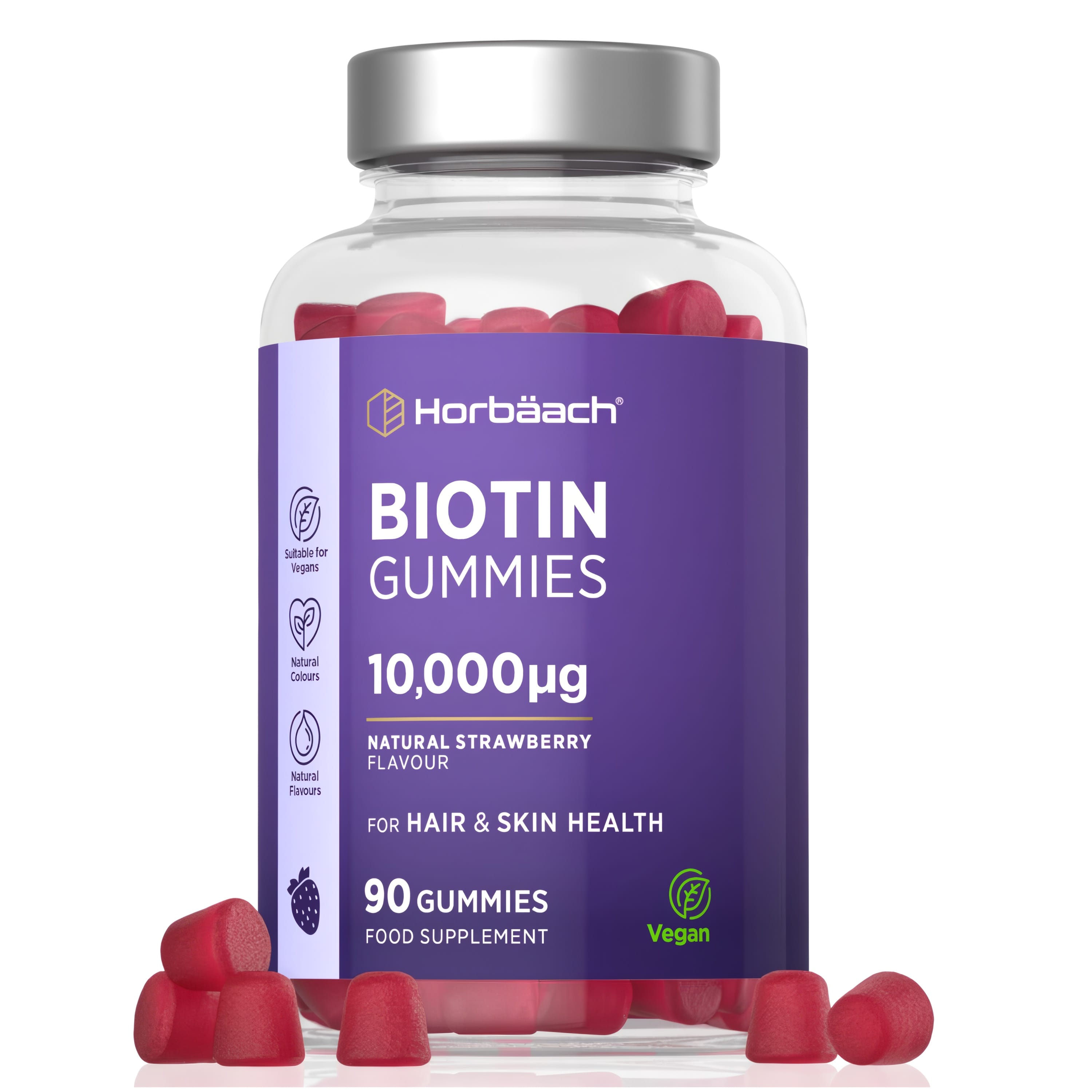 Biotin 10,000µg, 90 vegan gummies with natural strawberry flavor as a food supplement.