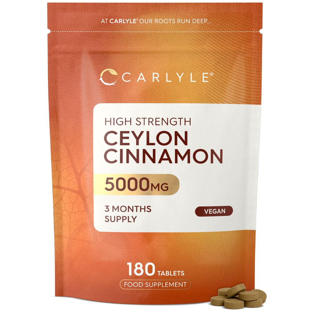 High Strength Ceylon Cinnamon 5000 MG in a bottle with 180 vegan tablets, providing a 3-month supply as a food supplement.