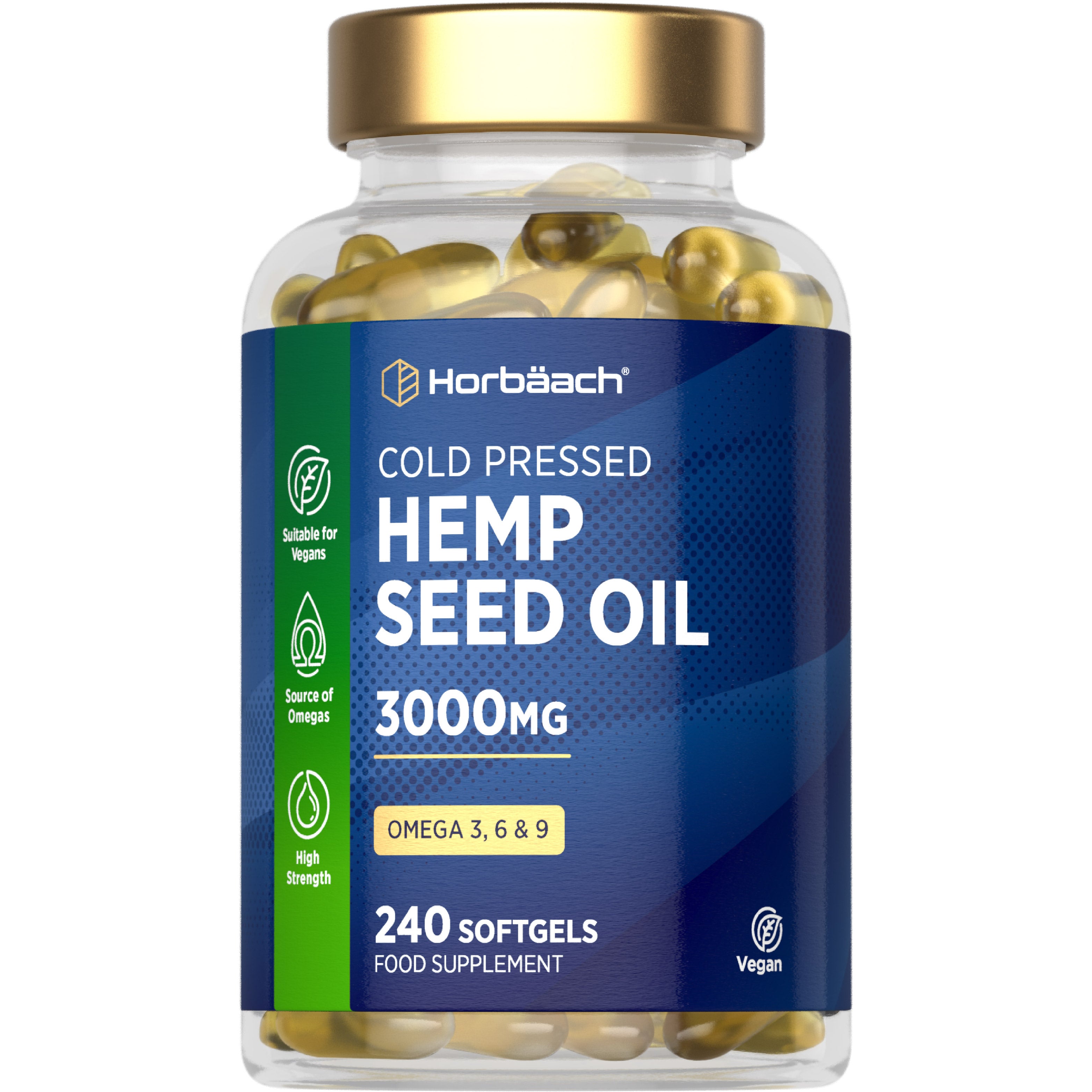 Cold Pressed Hemp Seed Oil supplement with 3000mg in a bottle of 240 softgels.