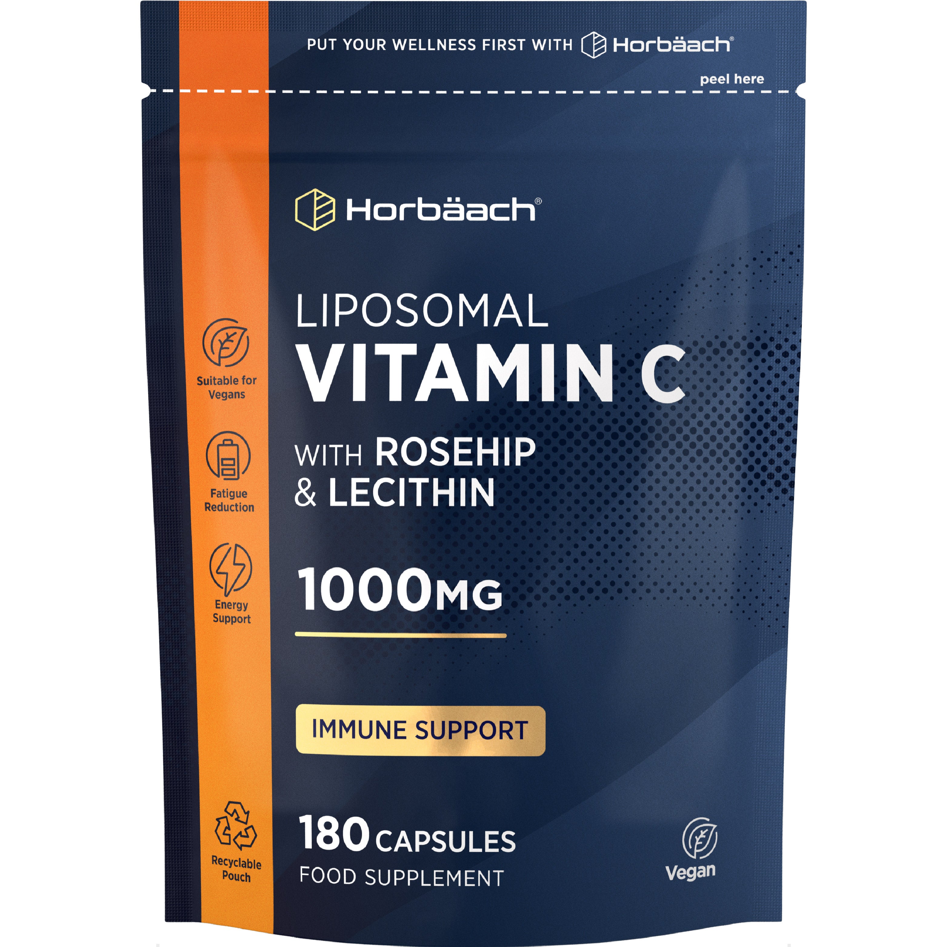 Liposomal Vitamin C 1000mg with Rosehip and Lecithin, 180 Capsules Food Supplement pouch.