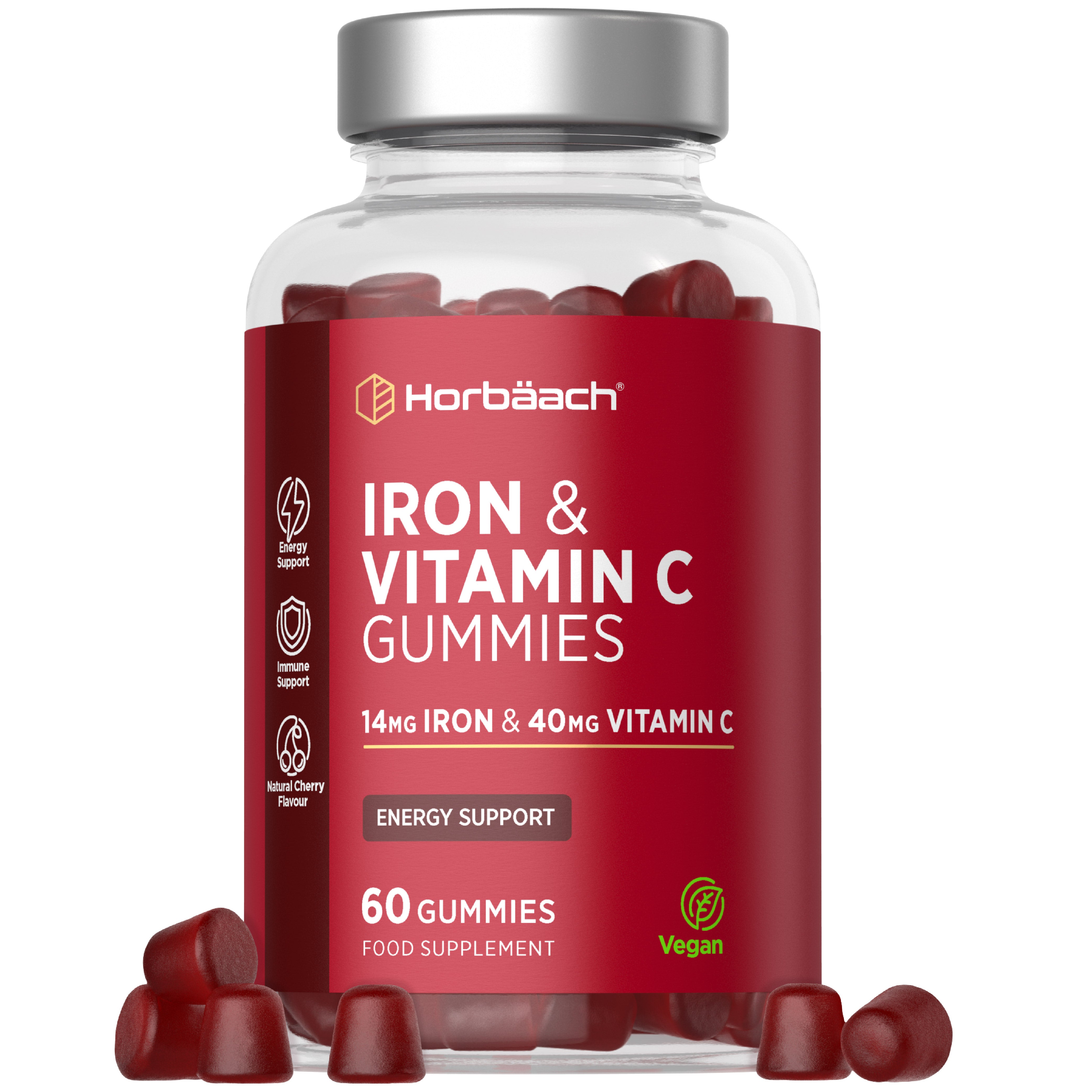Horbäach Iron & Vitamin C Gummies, 14mg Iron and 40mg Vitamin C per serving, 60 count, Vegan, Natural Cherry Flavor.