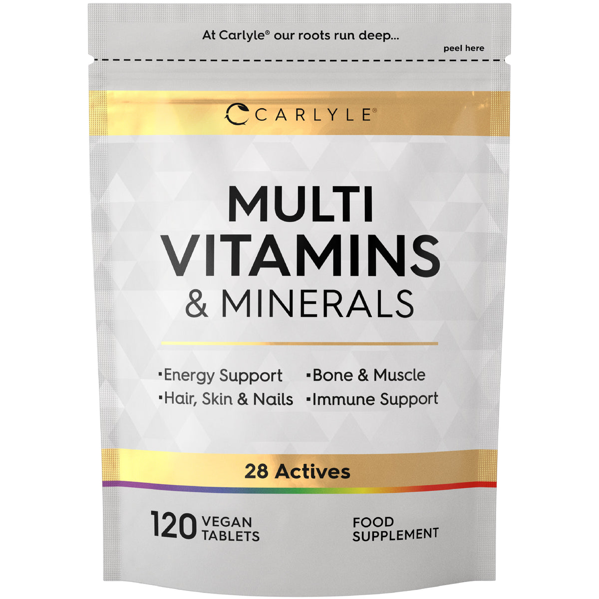 Multi Vitamins & Minerals, 120 Vegan Tablets. Supports energy, bones, muscles, hair, skin, nails, and immune health with 28 actives.