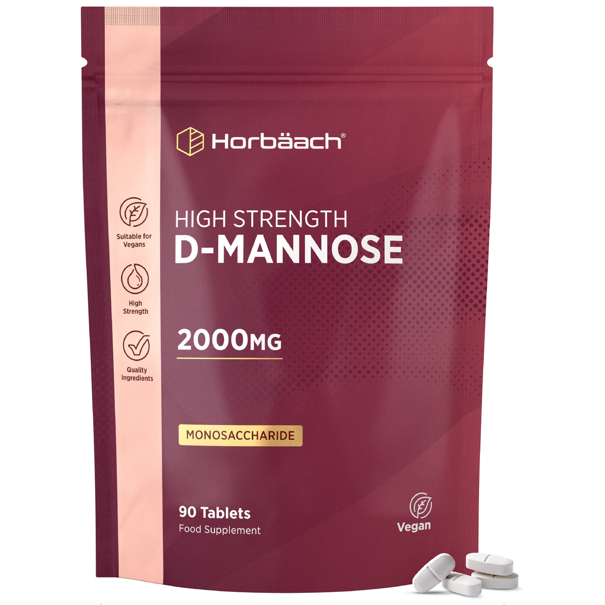 Horbäach High Strength D-Mannose 2000mg, 90 Vegan Tablets. Monosaccharide food supplement.