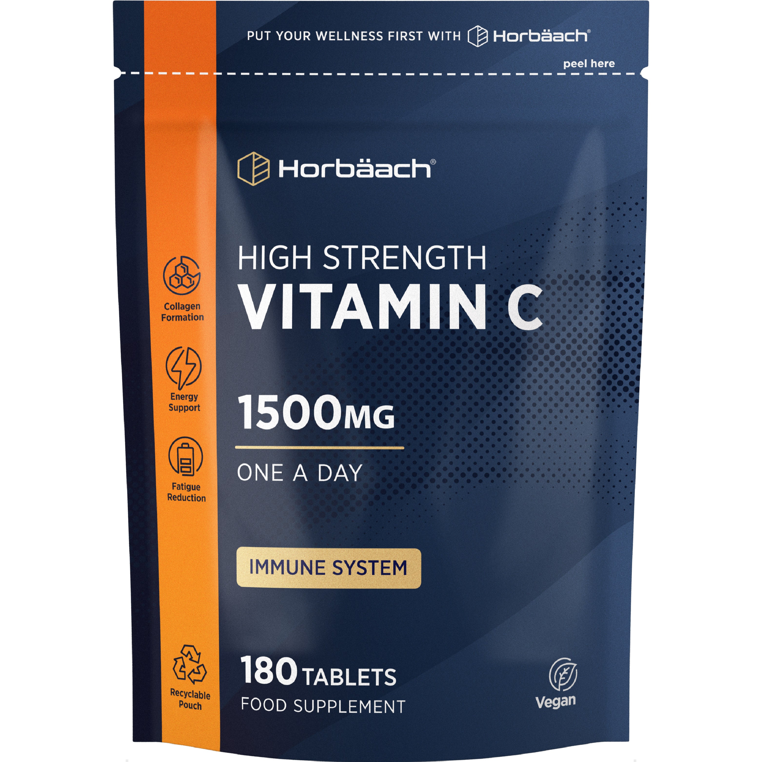 High Strength Vitamin C supplement with 1500mg, containing 180 tablets in a resealable pouch.
