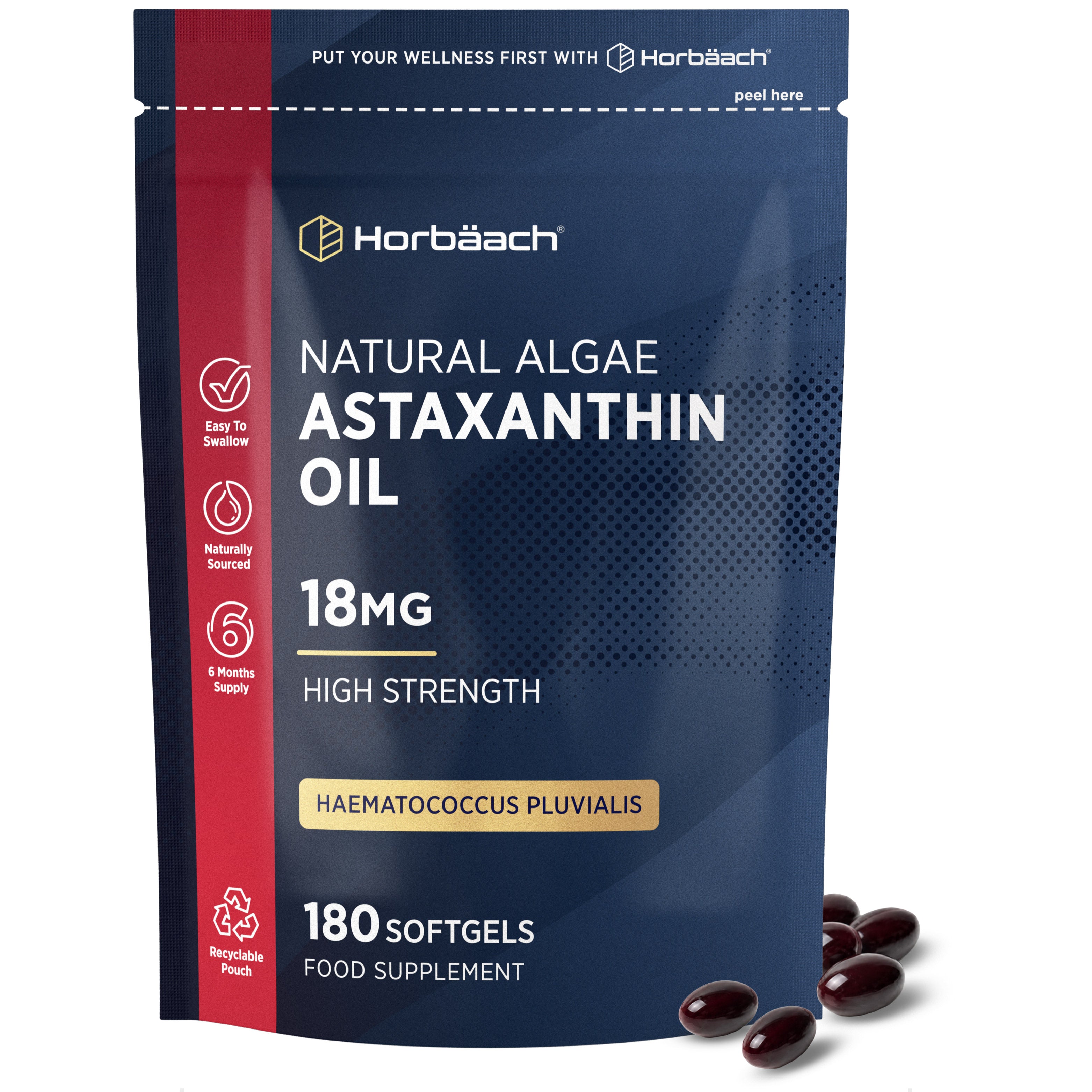 Horbaach Astaxanthin Oil 18mg, 180 Softgels, in recyclable pouch, some softgels spilled out.