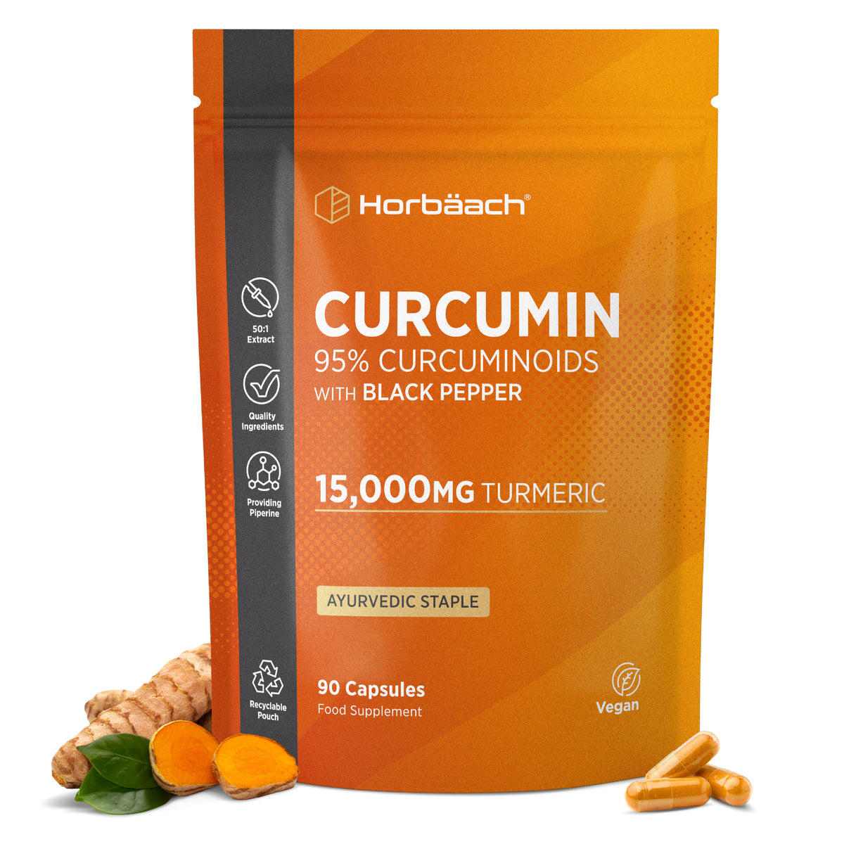 Curcumin 95% Curcuminoids with Black Pepper, featuring 15,000mg Turmeric, 50:1 Extract, in 90 Vegan Capsules.