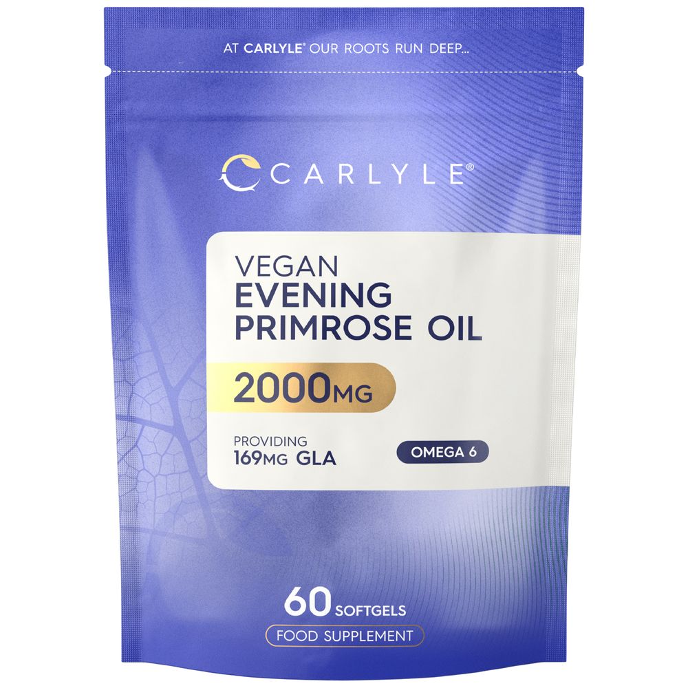 Vegan Evening Primrose Oil 2000mg, 60 softgels shown on hand scale.