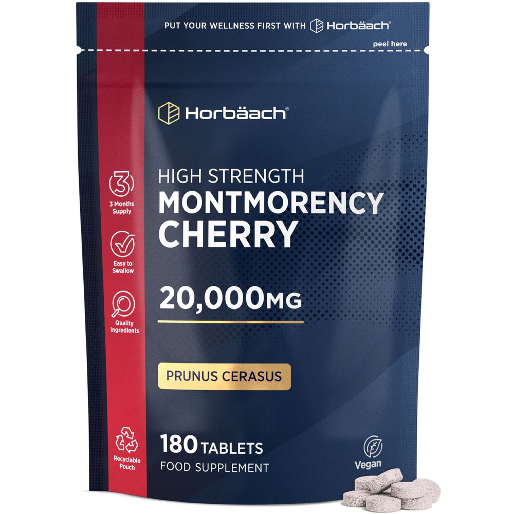 High Strength Montmorency Cherry 20,000MG Prunus Cerasus 180 tablets with some tablets spilled out. Vegan food supplement.