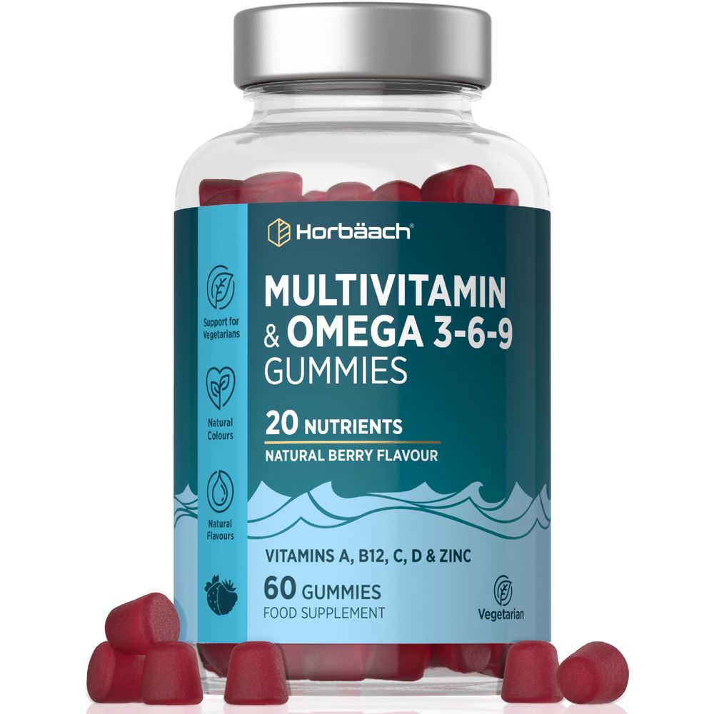Hand holding 60 red, natural berry flavored Multivitamin & Omega 3-6-9 Gummies.