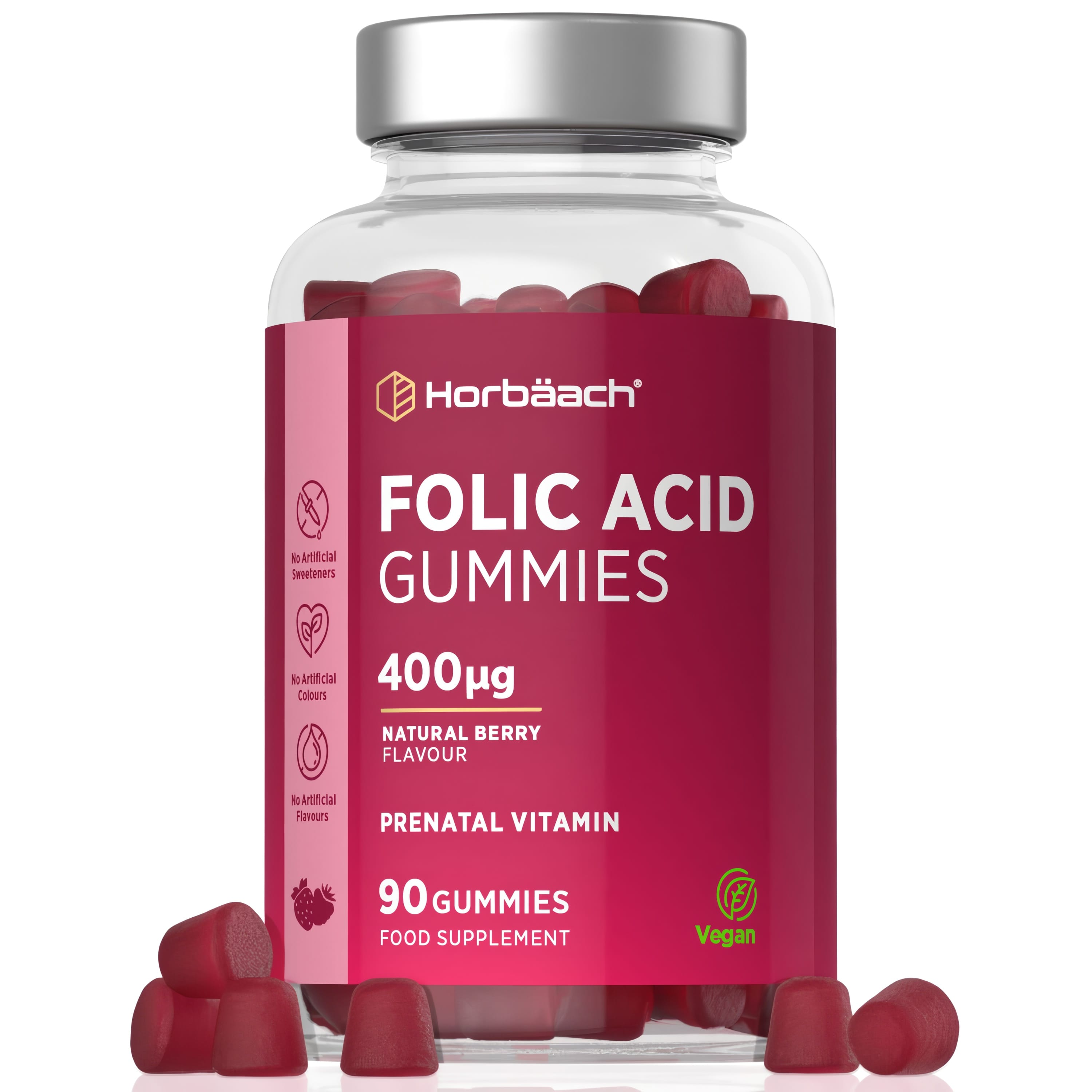 HU Folic Acid 400ug 90 Vegan Gummies, natural berry flavor, prenatal vitamin supplement.