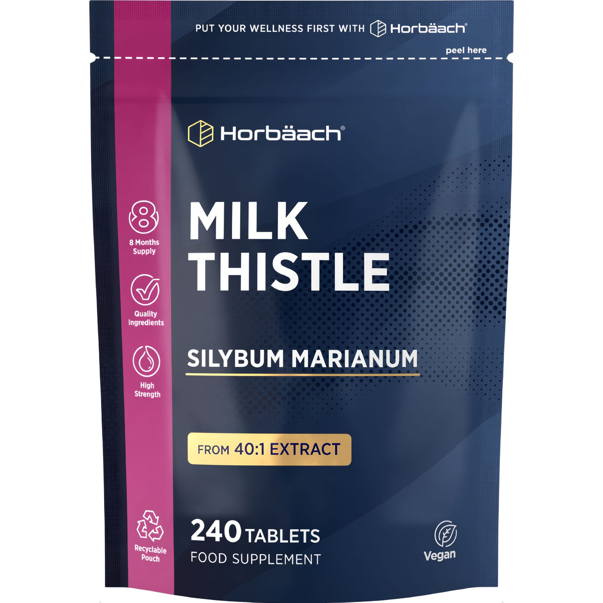 Milk Thistle Silybum Marianum high strength 40:1 extract with 240 tablets. Food supplement, vegan friendly.
