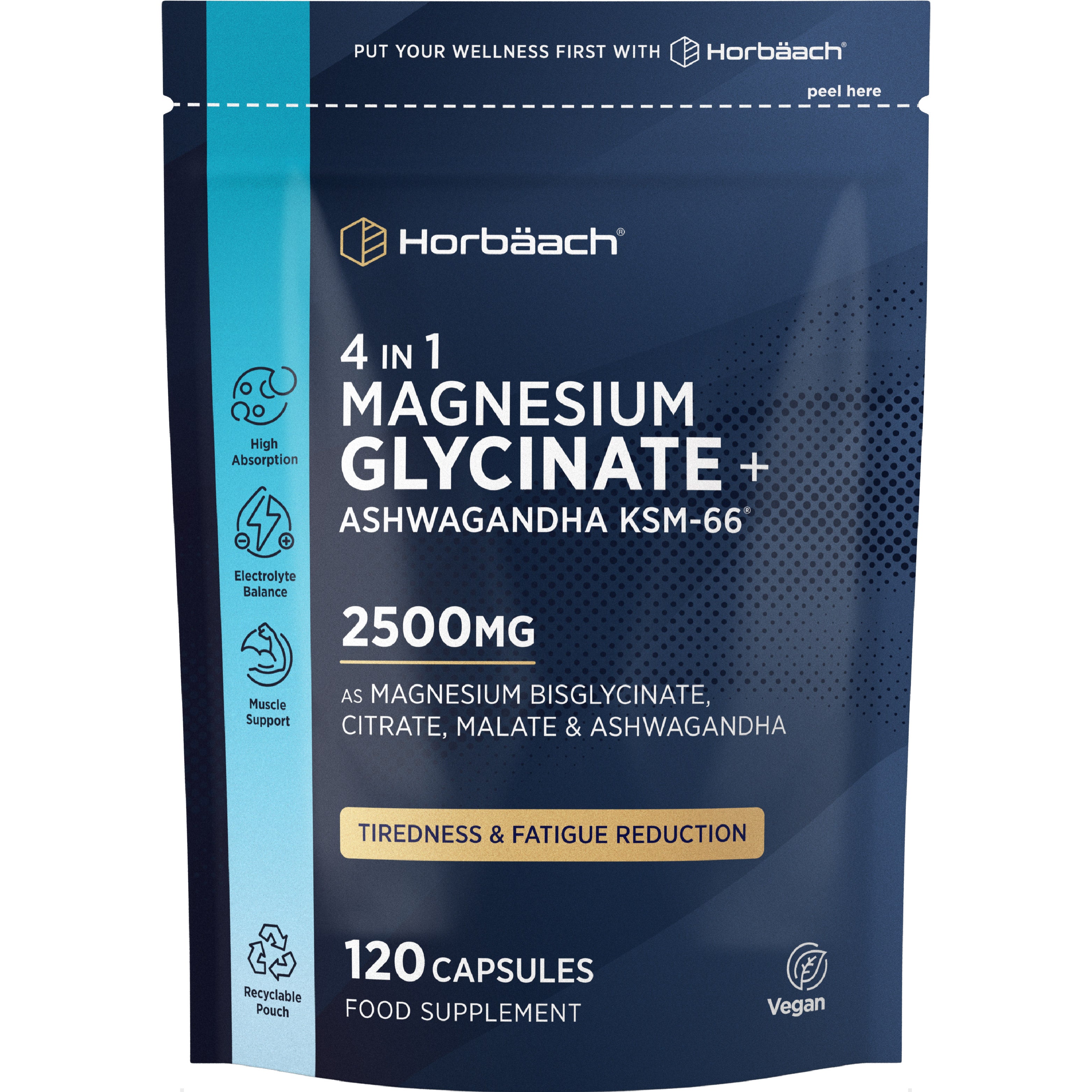 4 IN 1 Magnesium Glycinate + Ashwagandha KSM-66 2500MG, 120 capsules food supplement in a pouch.