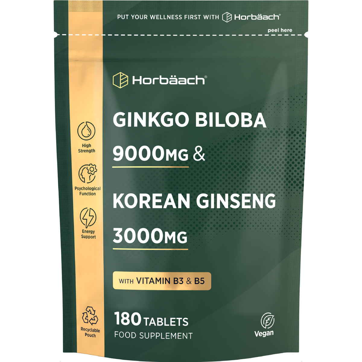 Ginkgo Biloba 9000mg & Korean Ginseng 3000mg with Vitamins B3 & B5, 180 vegan tablets in a recyclable pouch food supplement.