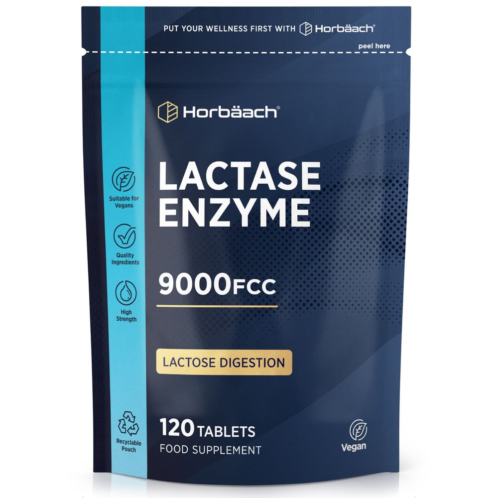 Lactase Enzyme 9000FCC supplement in dark blue pouch, containing 120 vegan tablets.