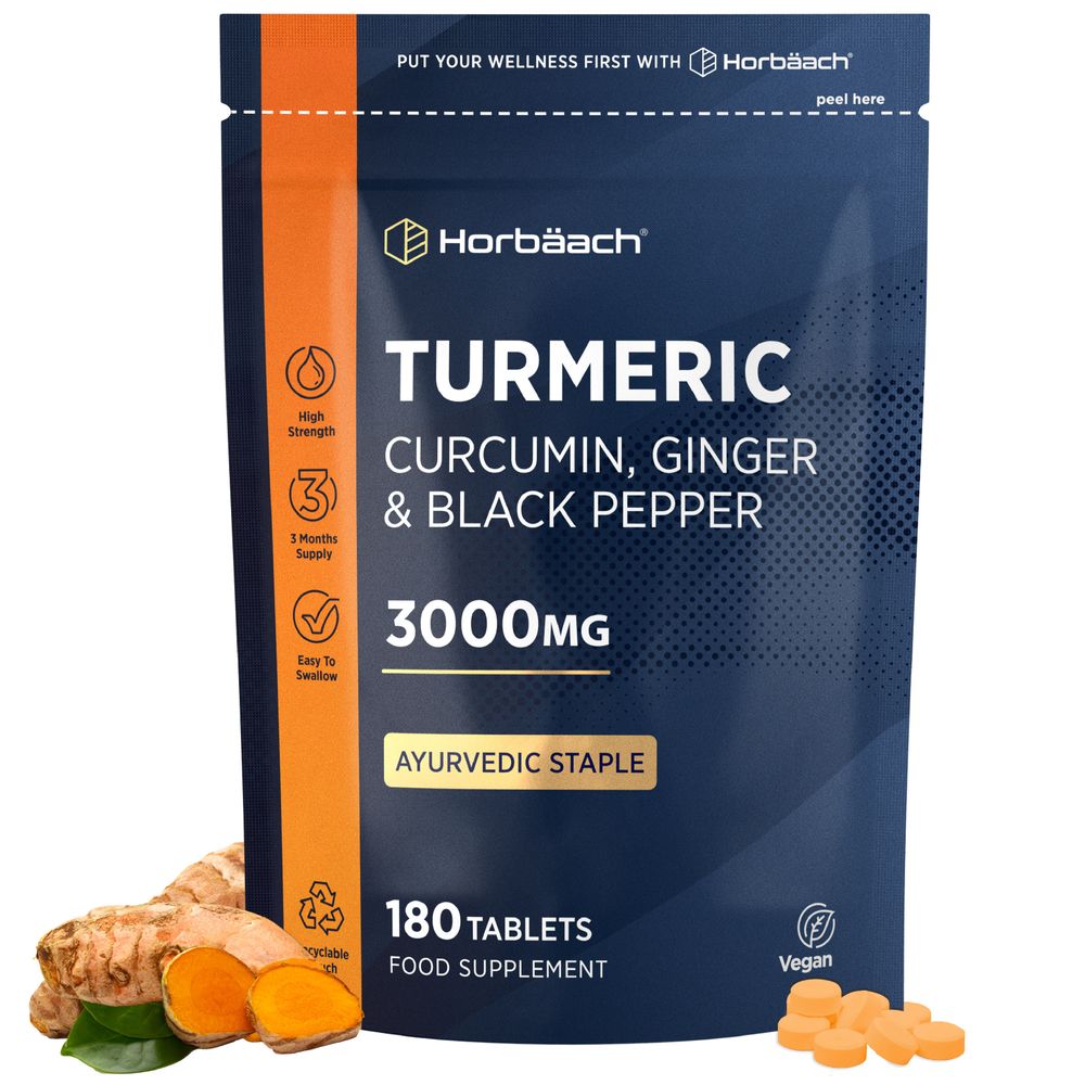 Vegan tablets containing 3000mg of turmeric, curcumin, ginger, and black pepper with 180 tablets per bottle.