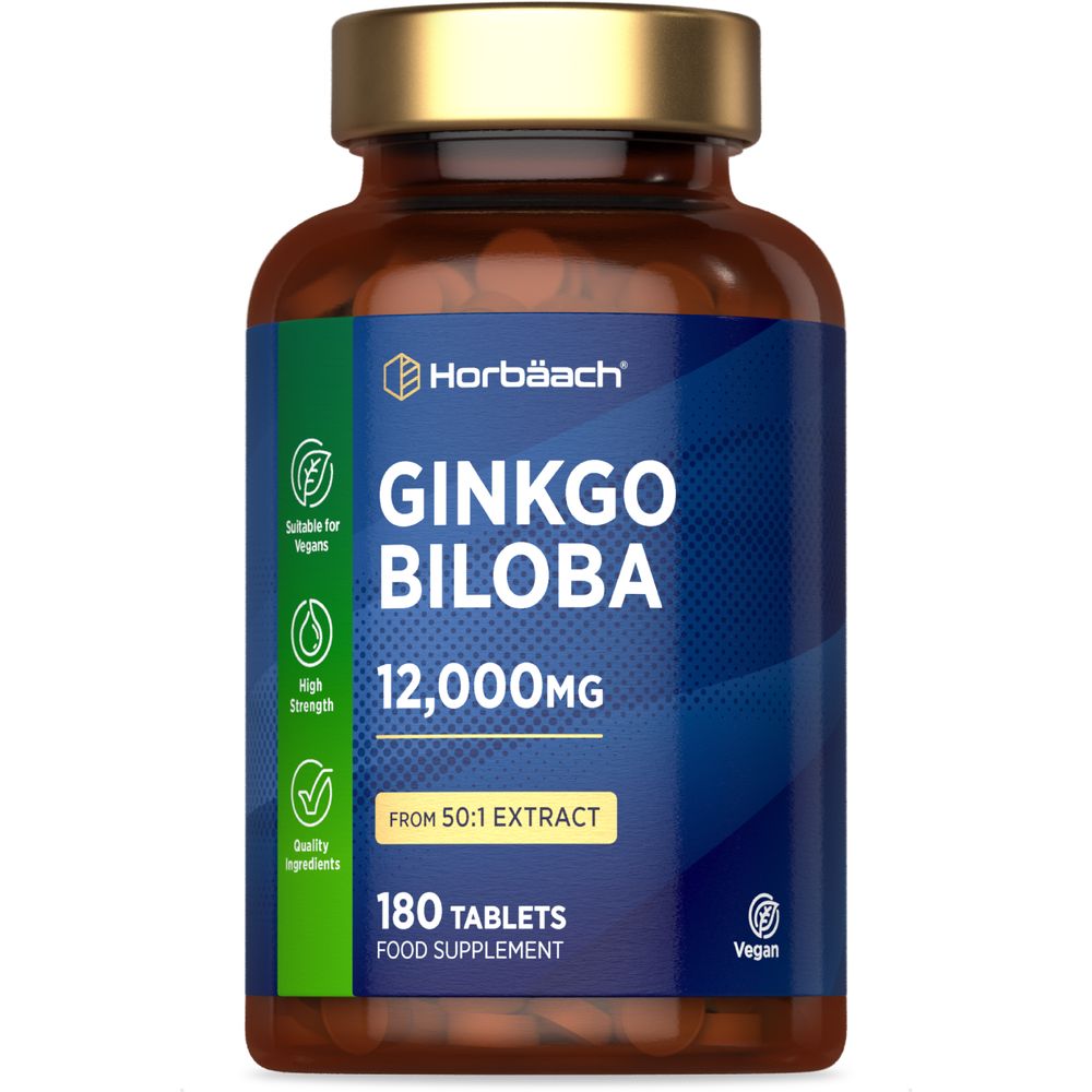 A bottle containing 180 tablets of Ginkgo Biloba, each with a 12000mg dosage, displayed on a hand scale.