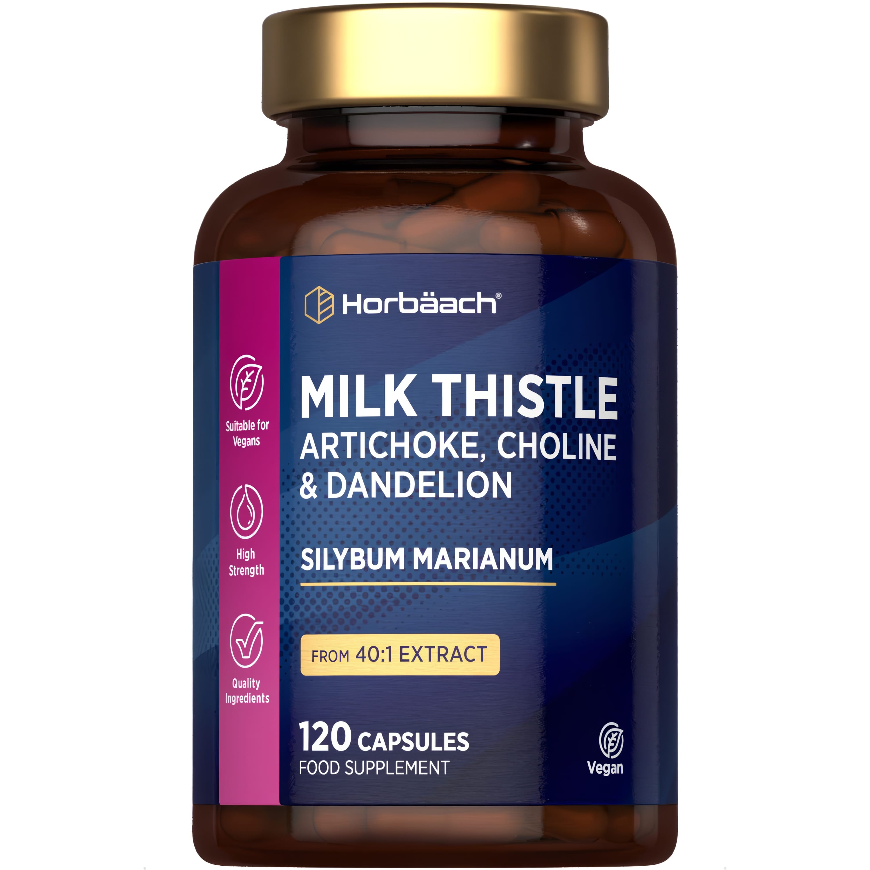 Horbäach Milk Thistle Artichoke with Choline & Dandelion, Silybum Marianum 40:1 Extract, 120 Vegan Capsules Food Supplement.