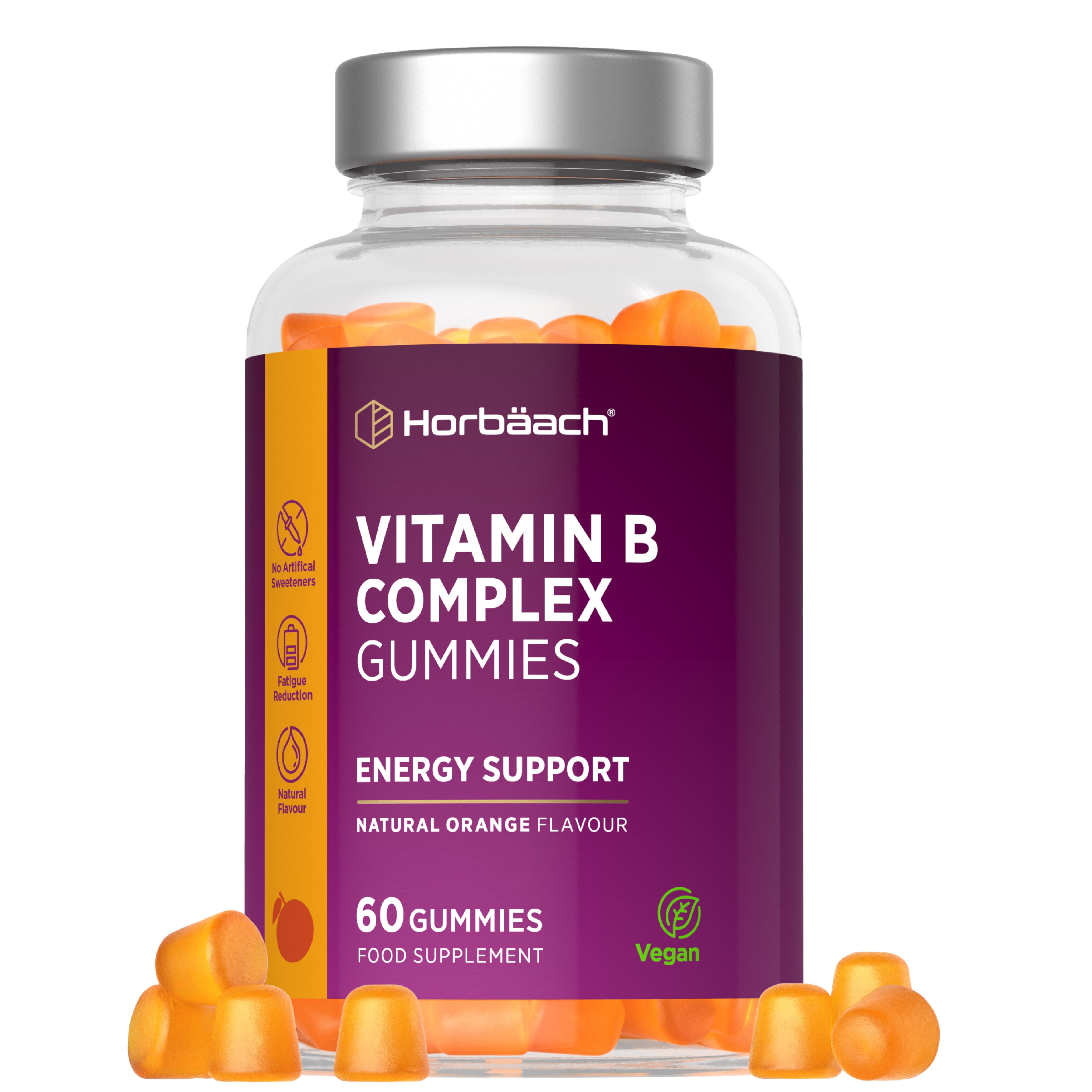 Vitamin B Complex 60 Vegan Gummies with a natural orange flavor in a 60-count bottle.