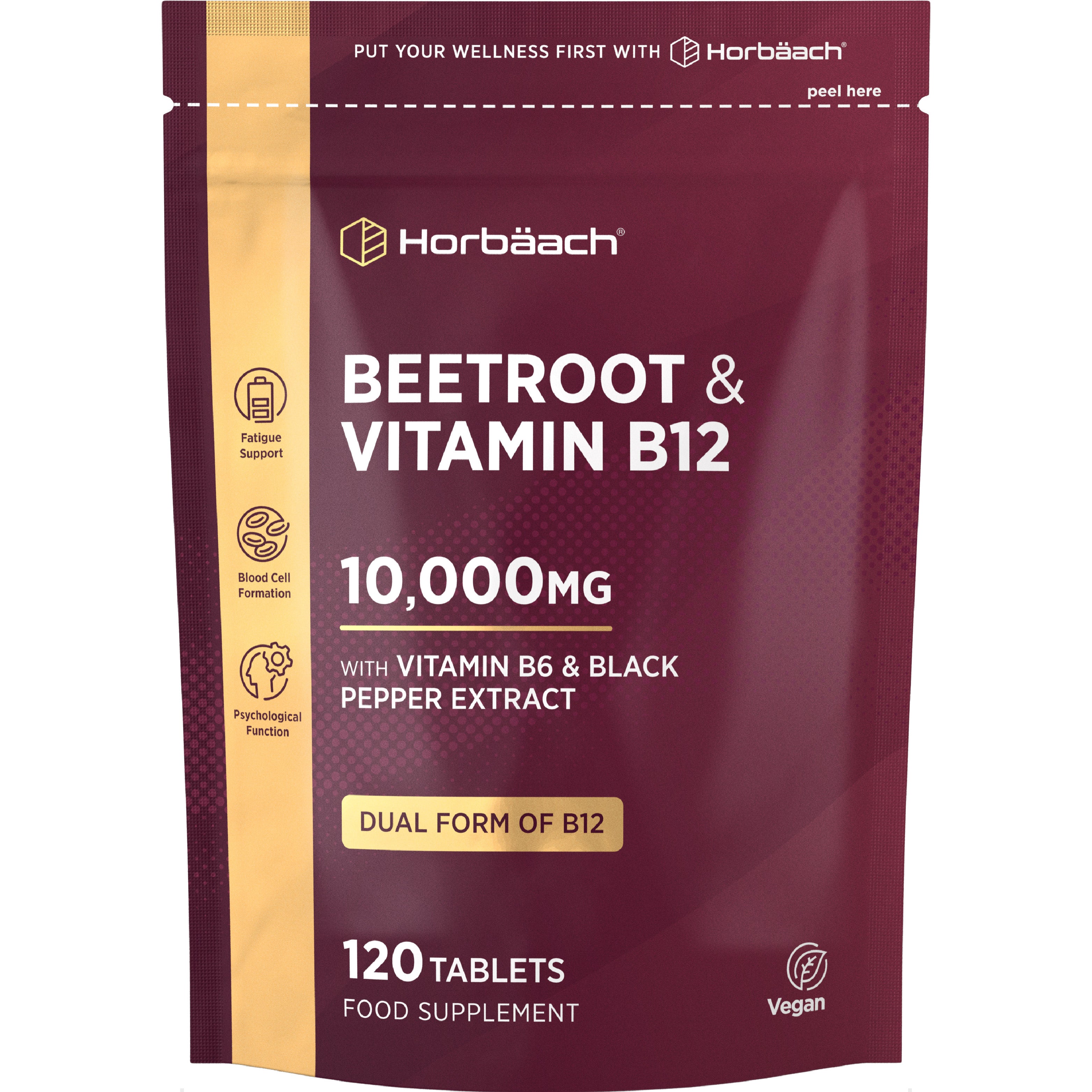 Beetroot & Vitamin B12 10,000MG with B6 & Black Pepper Extract, Dual B12, in a bottle of 120 Vegan Tablets.