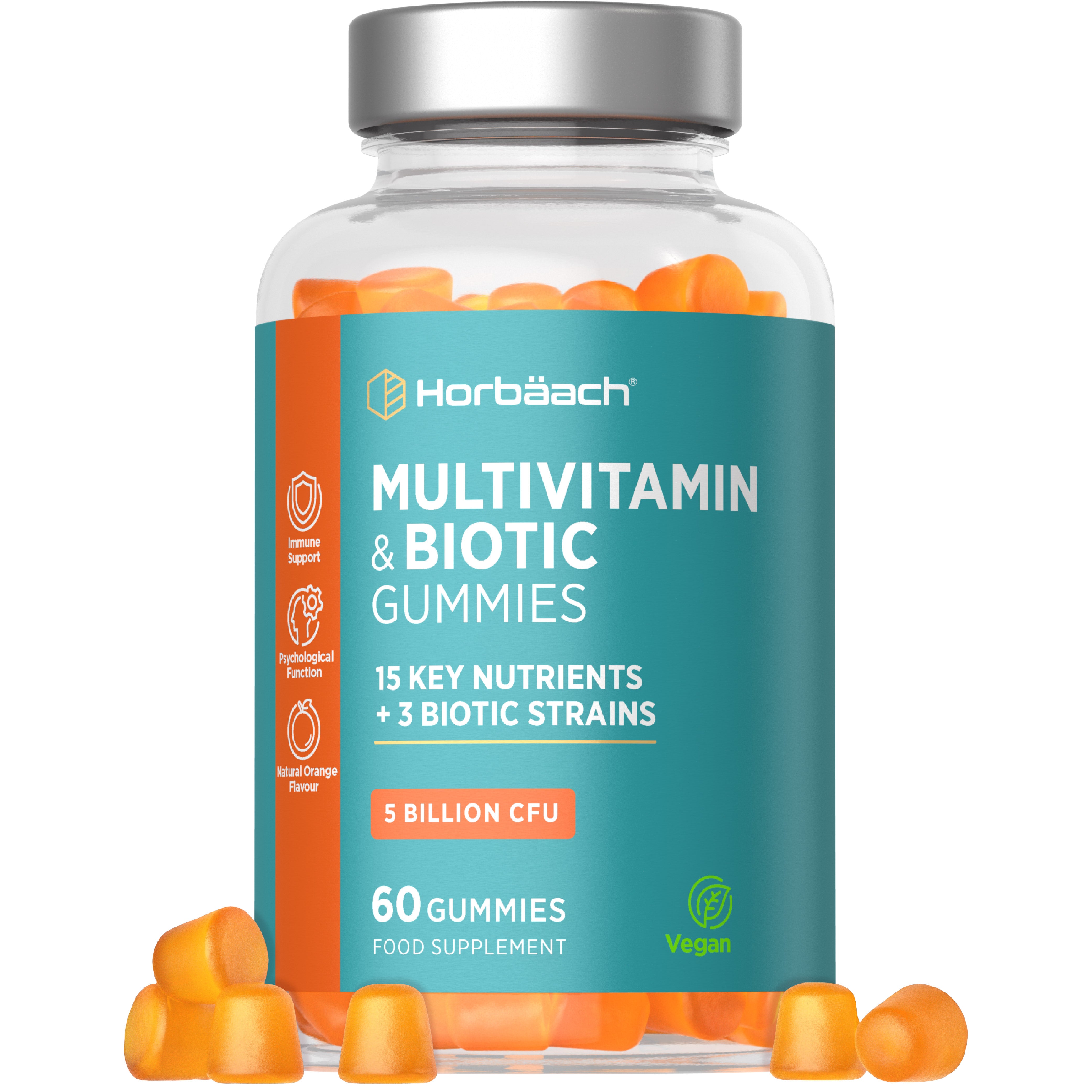 Horbäach Multivitamin & Biotic Gummies, 60 Gummies, feature 15 key nutrients, 3 biotic strains, 5 billion CFU, vegan.