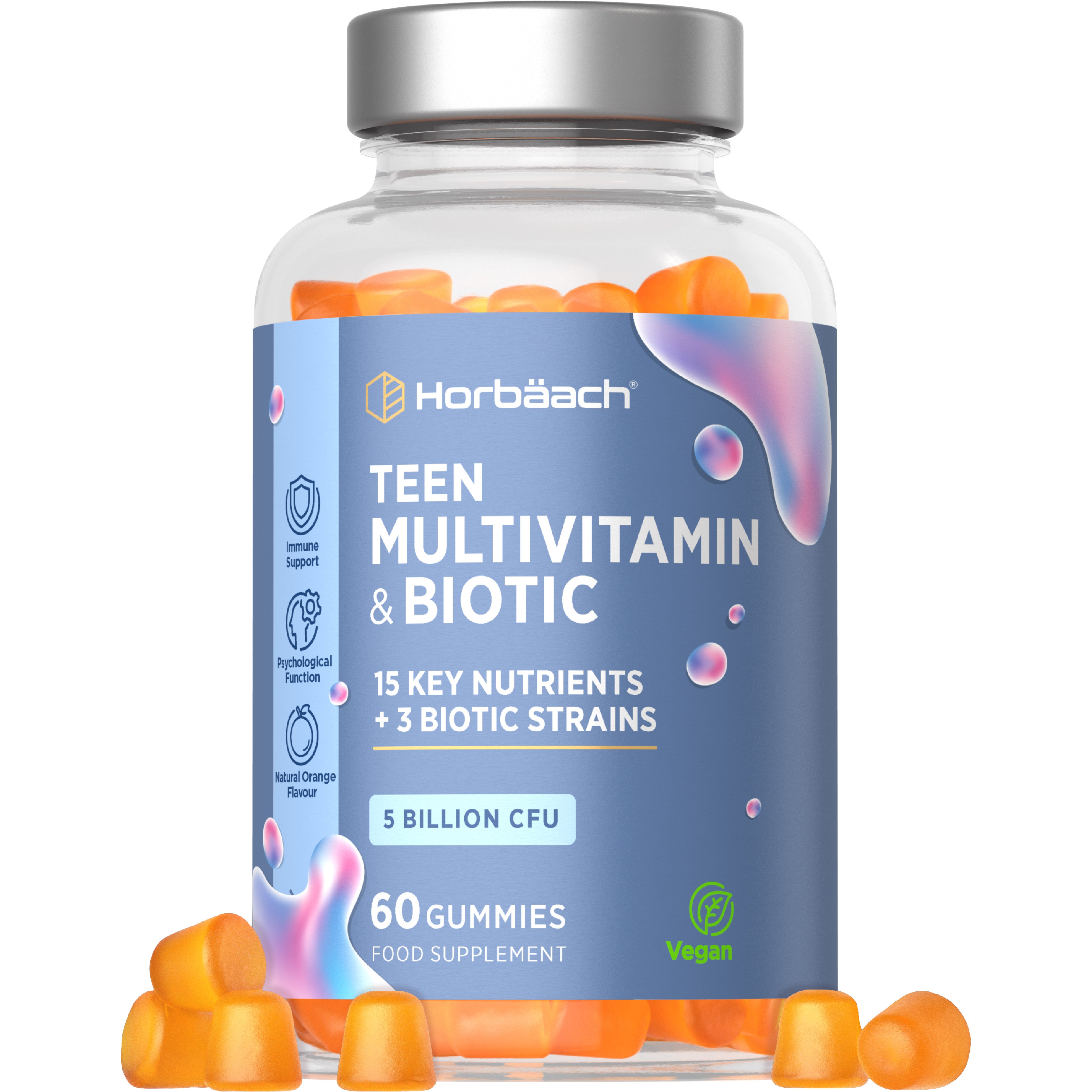 Teen Multivitamin & Biotic gummies, 60 count, 15 Key Nutrients, 3 Biotic Strains, 5 Billion CFU, Vegan, Natural Orange Flavour.