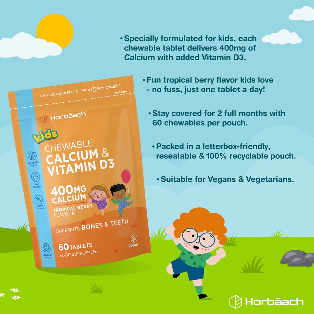 Calcium 400 mg and Vitamin D3 for Kids | 90 Chewable Tablets