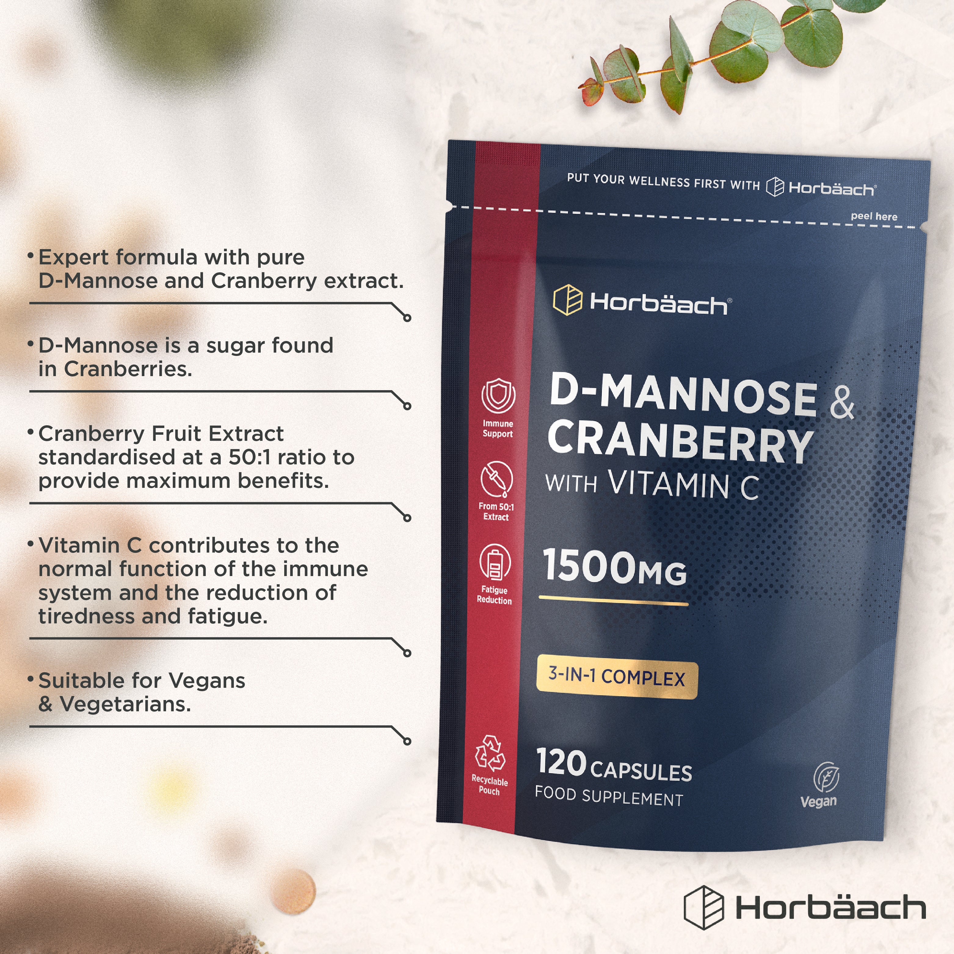 Horbäach D-Mannose & Cranberry With Vitamin C 1500mg, 120 Capsules in a vegan, recyclable pouch food supplement.