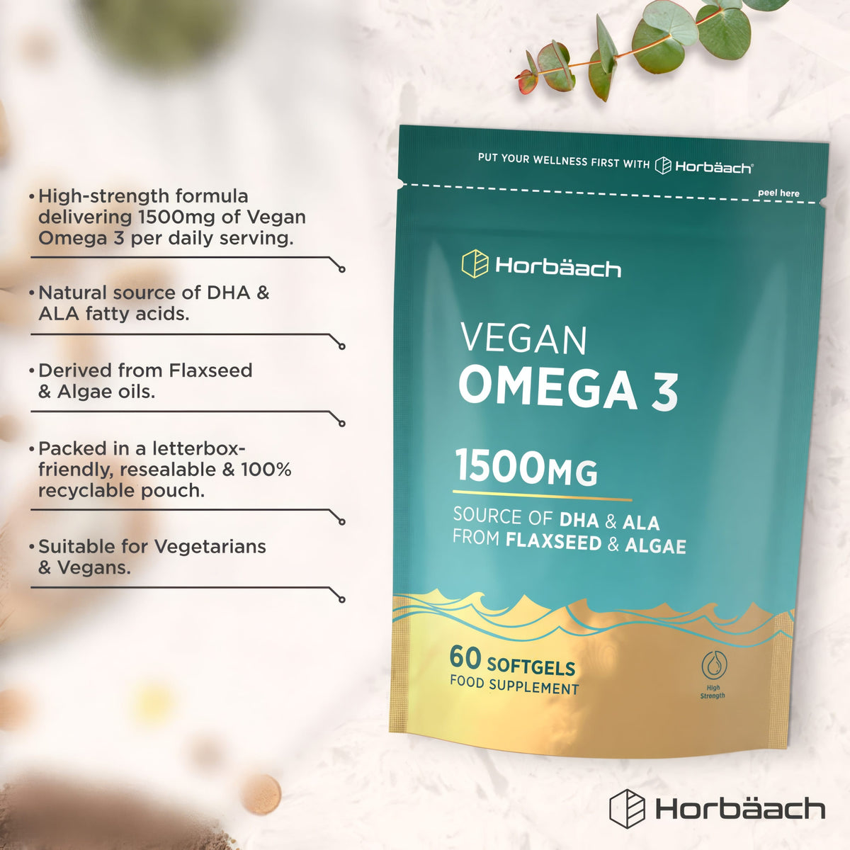 Product highlights graphic stating High-strength 1500mg Vegan Omega 3 with natural DHA & ALA from Flaxseed & Algae, for Vegans & Vegetarians.