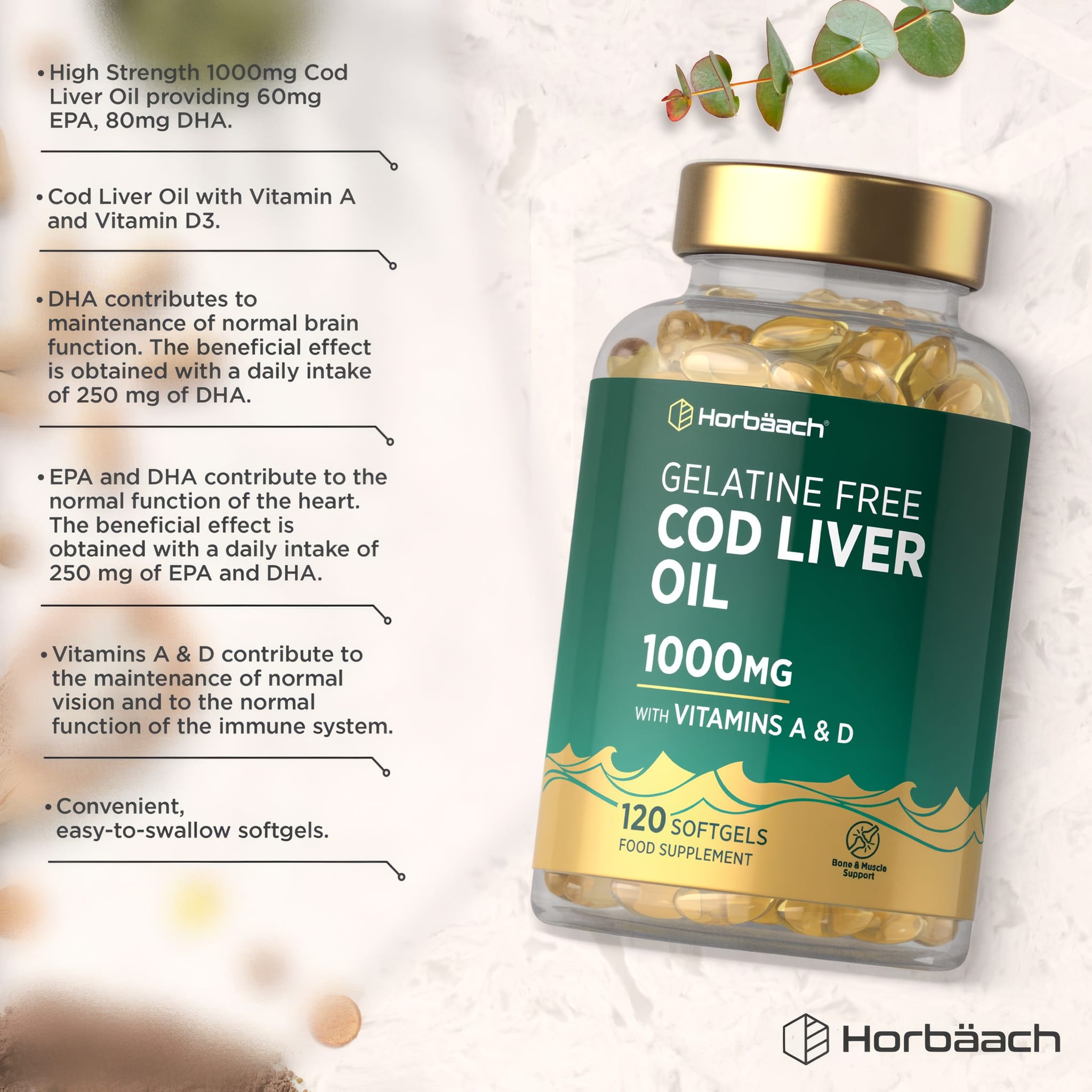 Gelatine-free cod liver oil supplement, 1000mg, 120 softgels shown in bulk scale format.