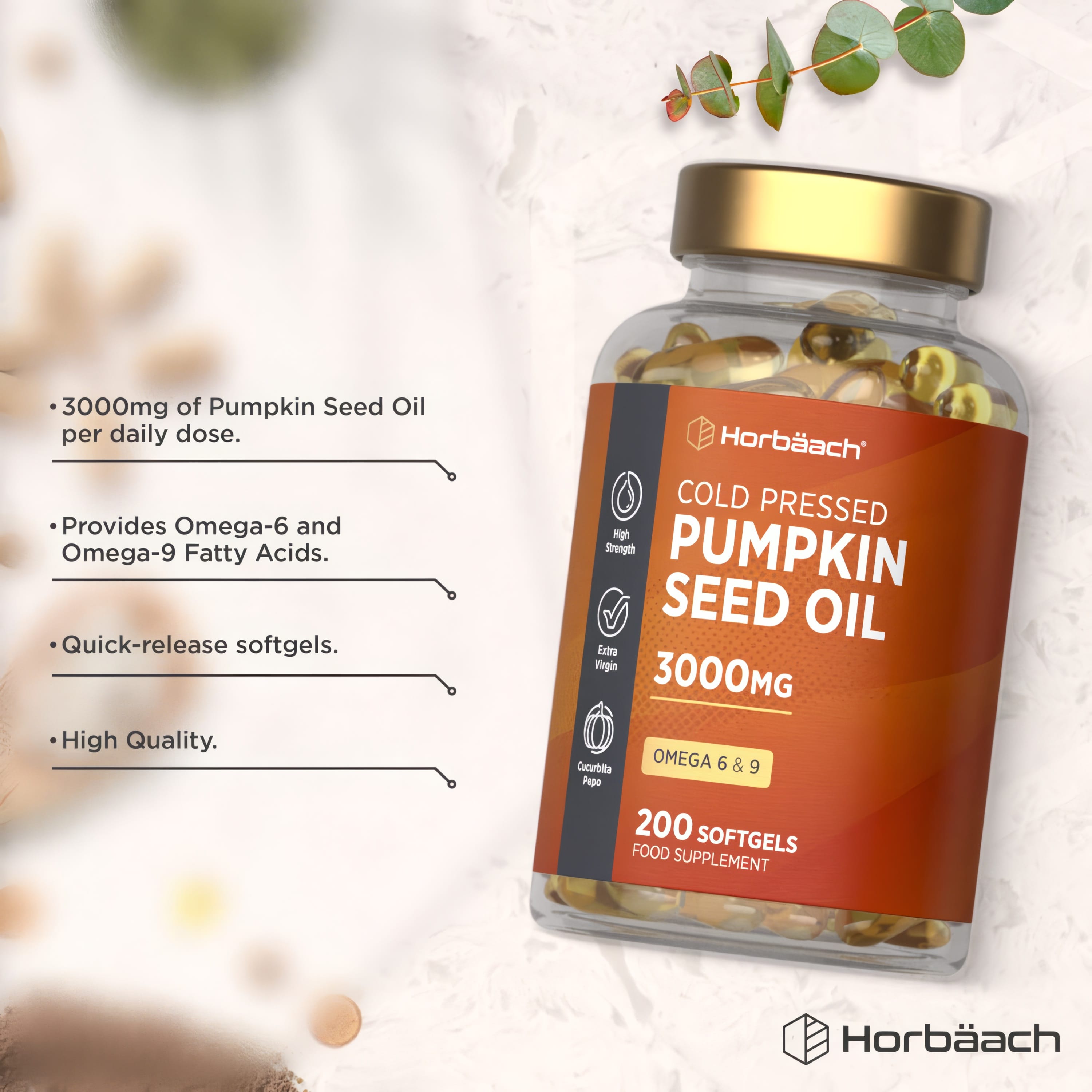 Product highlights graphic stating 3000mg Pumpkin Seed Oil daily, Omega-6 & Omega-9 Fatty Acids, Quick-release softgels, High Quality.